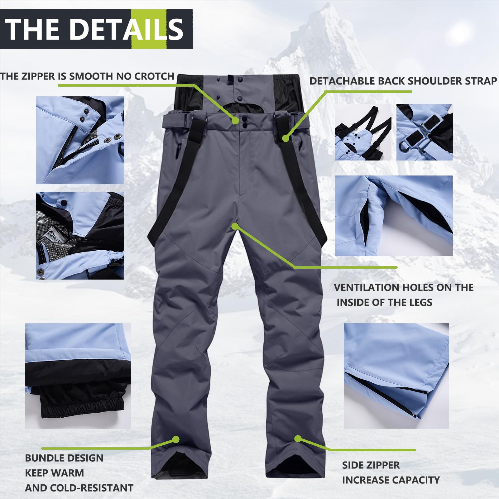 Pantalon De Ski pour,Taille Pantalon De Snowboard pour Homme Et Femme - Imperméable - Pantalon De Randonnée - Coupe-Vent - avec Bretelles - Doublure Chaude