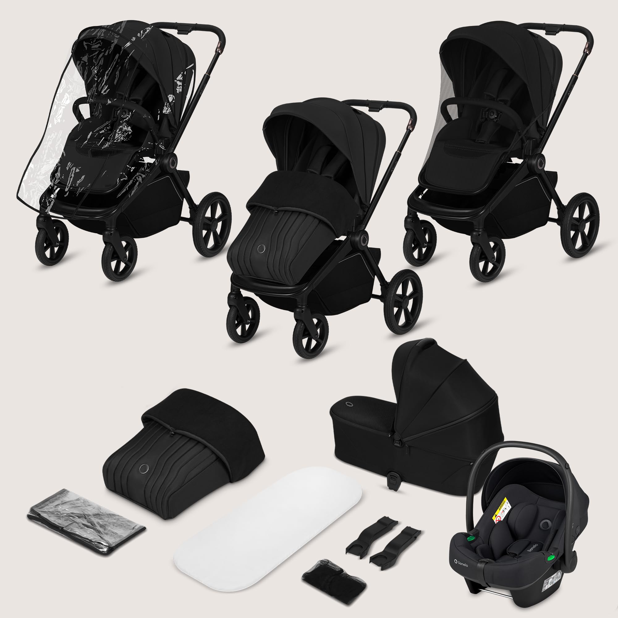 Lionelo Freya Carro Bebe 3 Piezas Carrito de Bebe 3 en 1 (0-4 Años, Hasta 22 Kg), Plegable Capazo, Silla y Silla de Coche I-Size 40-87 Cm, Suspensión, Ruedas PU, Capota UPF50+, Cochecito Bebe