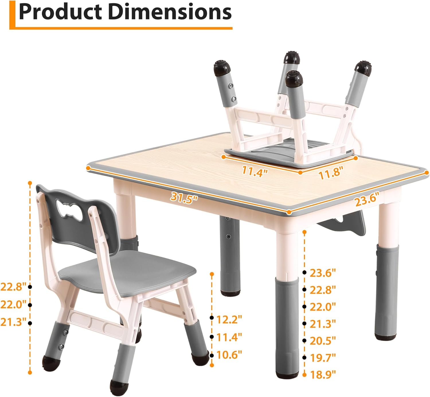 Garvee Kids Table and 4 Chair Set,32 in Height Adjustable Toddler Table and Chairs Set with Non-Slip Desk Legs&Organizer Graffiti Desktop, Preschool Activity Art Craft Tables for 4(Gray)