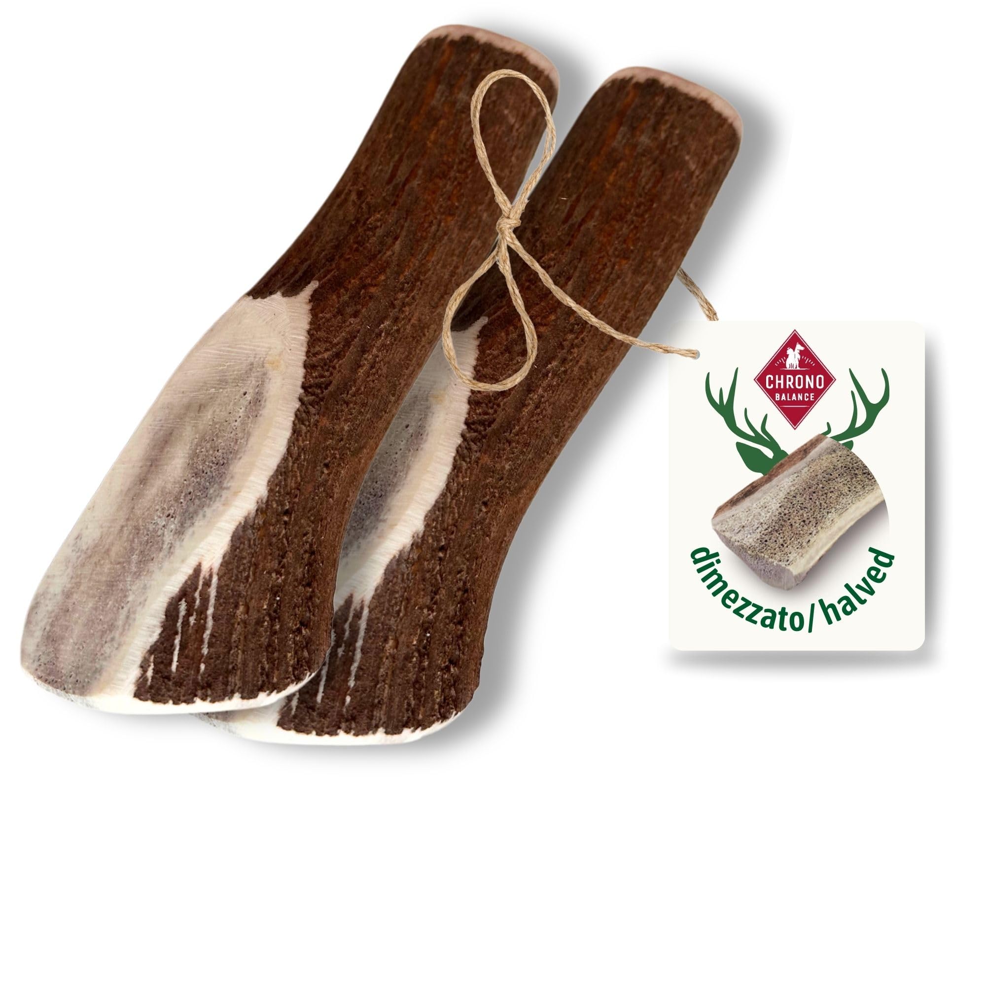 ChronoBalance-XXL Corno di Cervo per Cani, Confezione da 2, Dimezzato, 100% Naturale, Osso di Cervo, Cura Dentale, Giocattolo per Cani, Senza Sostanze Chimiche, Lunga Durata