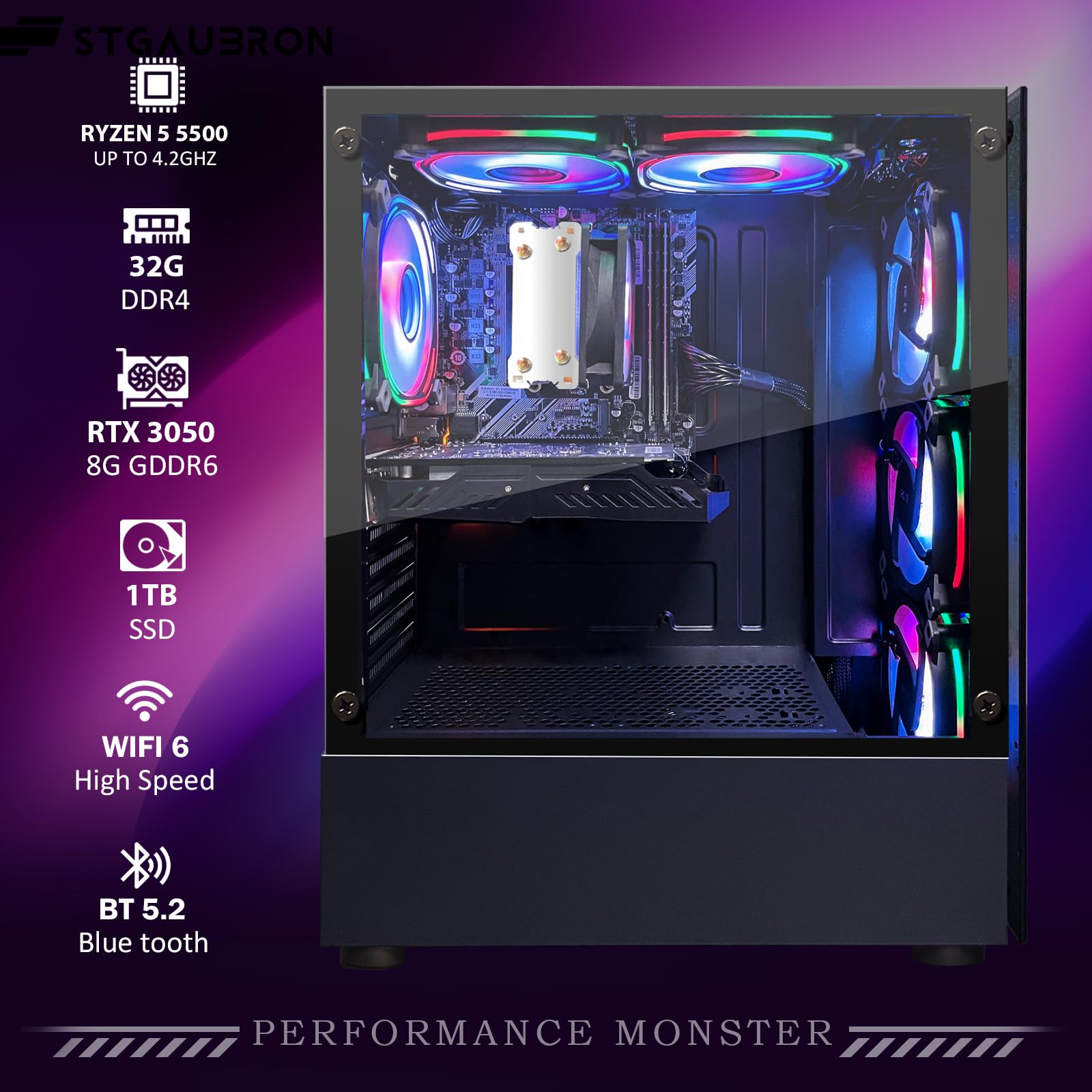 STGAubron Gaming PC Computer Desktop, AMD Ryzen 5 5500 up to 4.2GHz, GeForce RTX 3050 6G, 32G DDR4, 1T SSD, WiFi 6 5G & BT 5.2, RGB Fan x6, Windows 11 Home