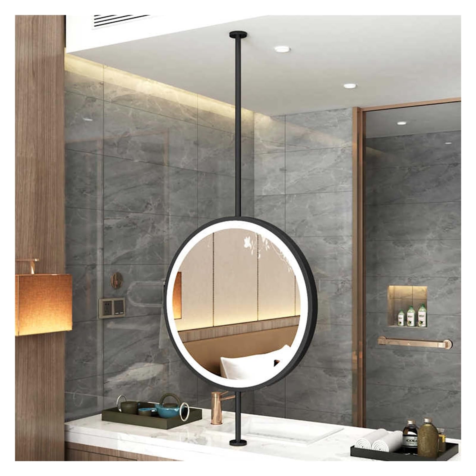 WJFTODAY Round LED Floating Bathroom Mirror - 80x80cm Black Wall-Mounted Vanity Mirror with Stylish Round Design, Illuminated Lighting for Home & Hotel, Perfect for Enhanced Reflection and Modern Dec