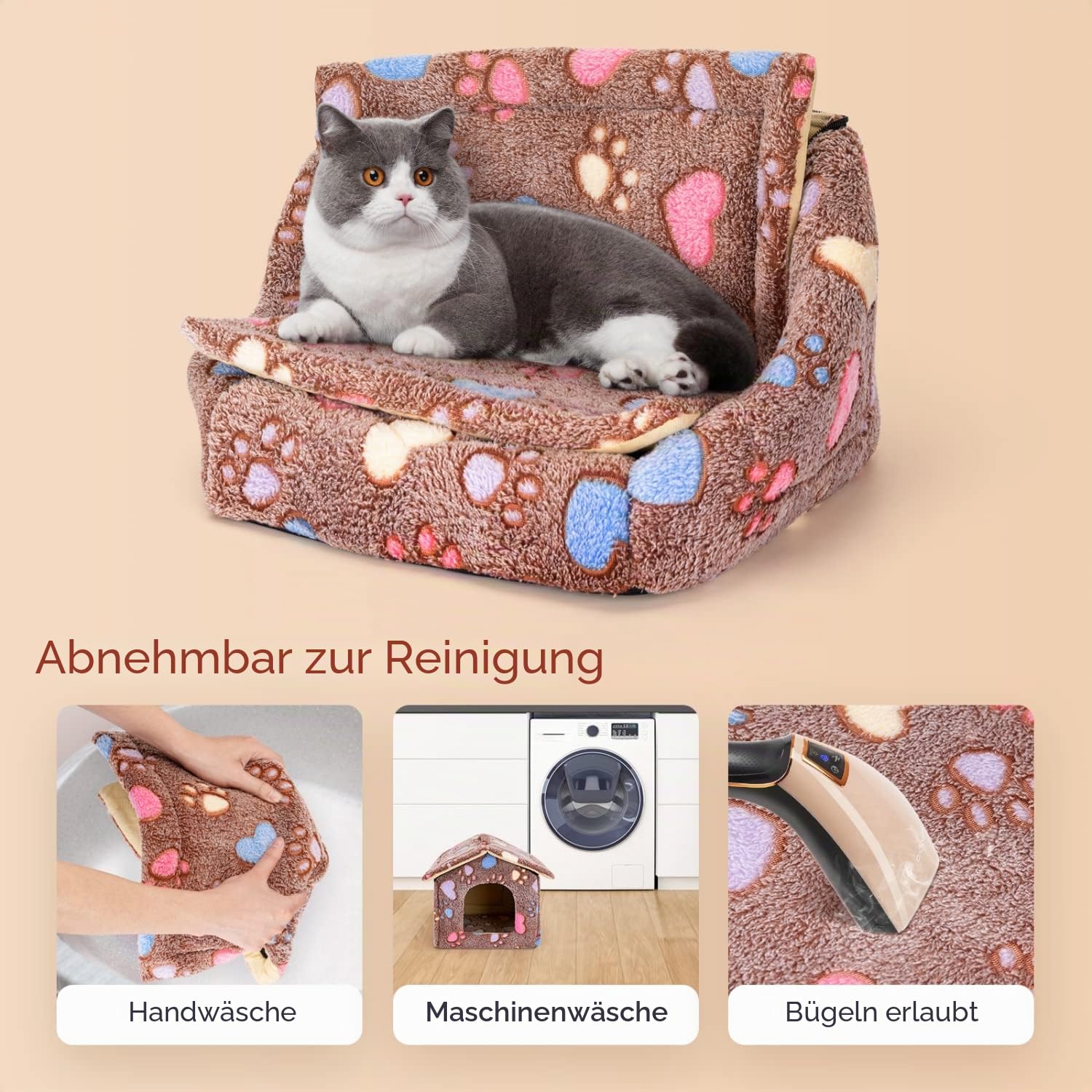 Nobleza Hundehütte für Hunde Katzen, Winterfest Hundehaus 53x50x43cm L, Tragbare Haustier Hundehöhle, Abnehmbar Katzenhaus, Waschbar Schlafplatz, Hundebett mit Abnehmbarem Matratze, Braun