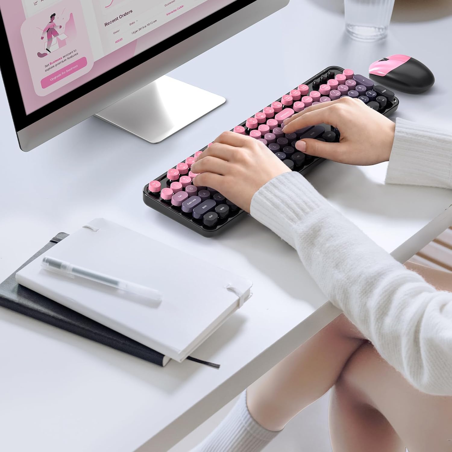Wireless Keyboard and Mouse Combo, MOWUX Full Size Typewriter Retro Round Computer Keyboard, Cute Optical Mouse Wireless, Plug and Play, for Laptop, PC, Computer- Plum Pink Gradient