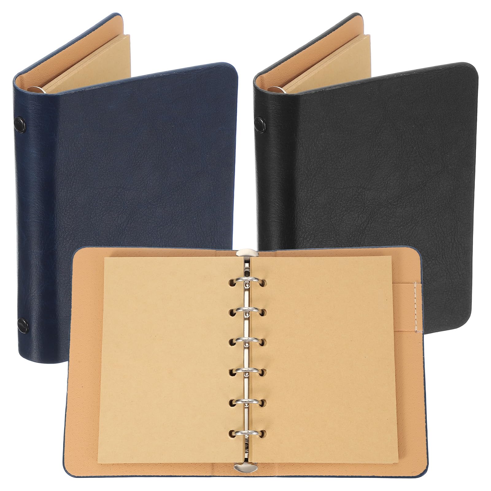 PATIKIL 6 Ring Binder Cover, 2 Pack A7 Kraft Leather Notebook Binder Mini Refillable Loose Leaf Personal Planner with 50 Sheets Paper, Dark Blue/Black โ image 1