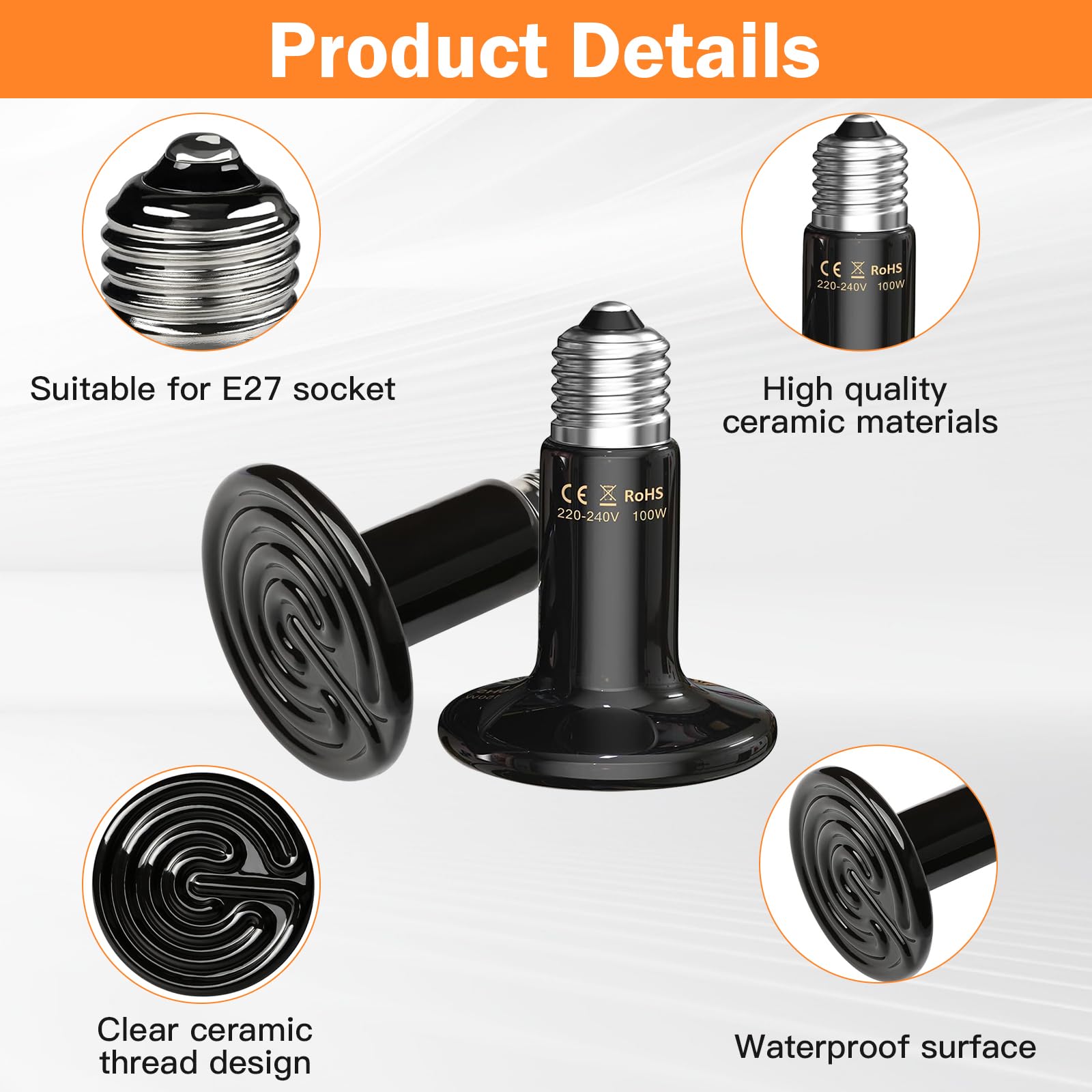 Lampada Riscaldante A Infrarossi 100W E27 Per Animali - Ceramica, Senza Luce, Per Rettili E Piccoli Animali