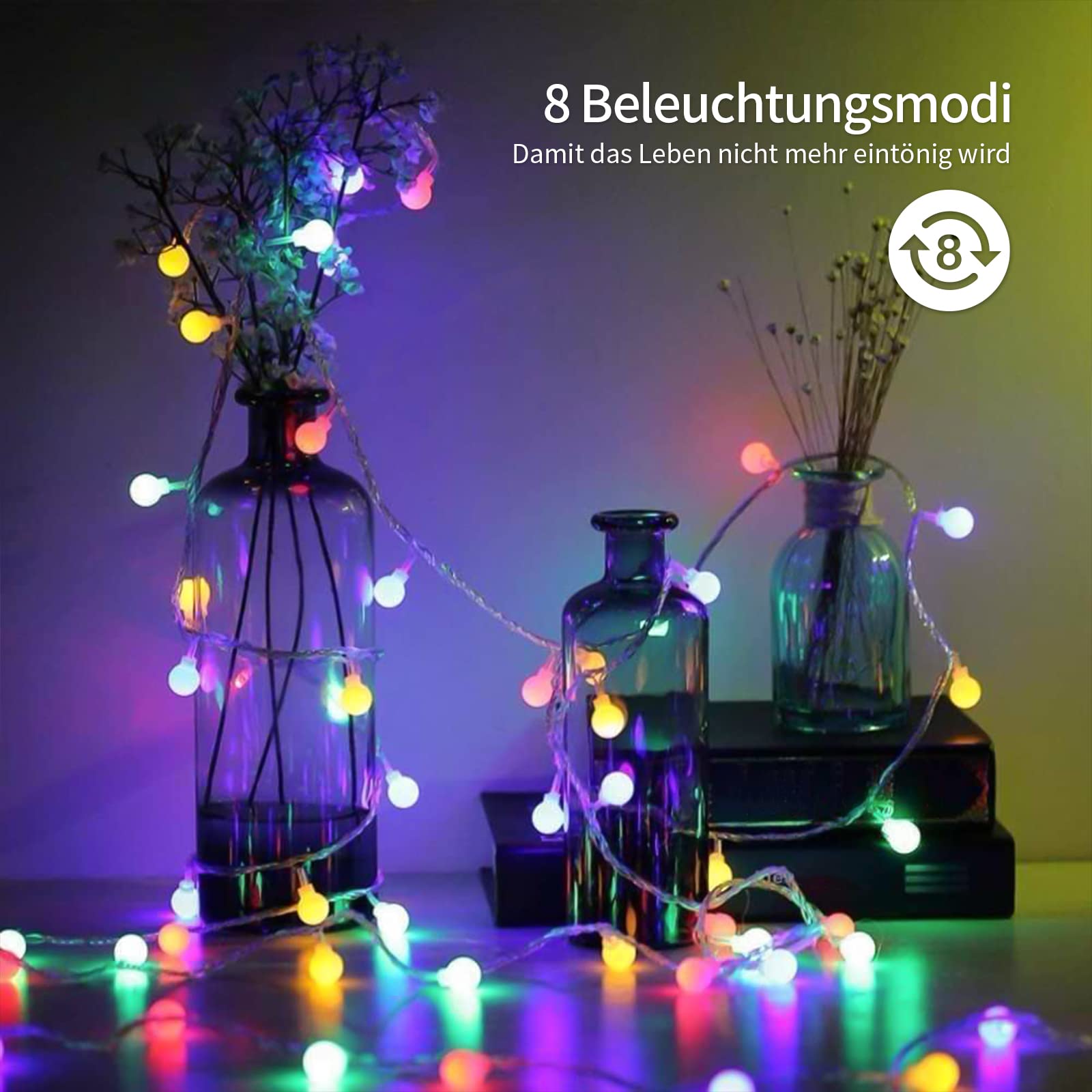 Łańcuch świetlny z kulką, 5 m, 50 diod LED, 8 trybów pracy, funkcja pamięci, łańcuch świetlny z wtyczką do użytku na zewnątrz/wewnątrz, idealny do sypialni, na balkon, imprezę, wesele, kolorowy