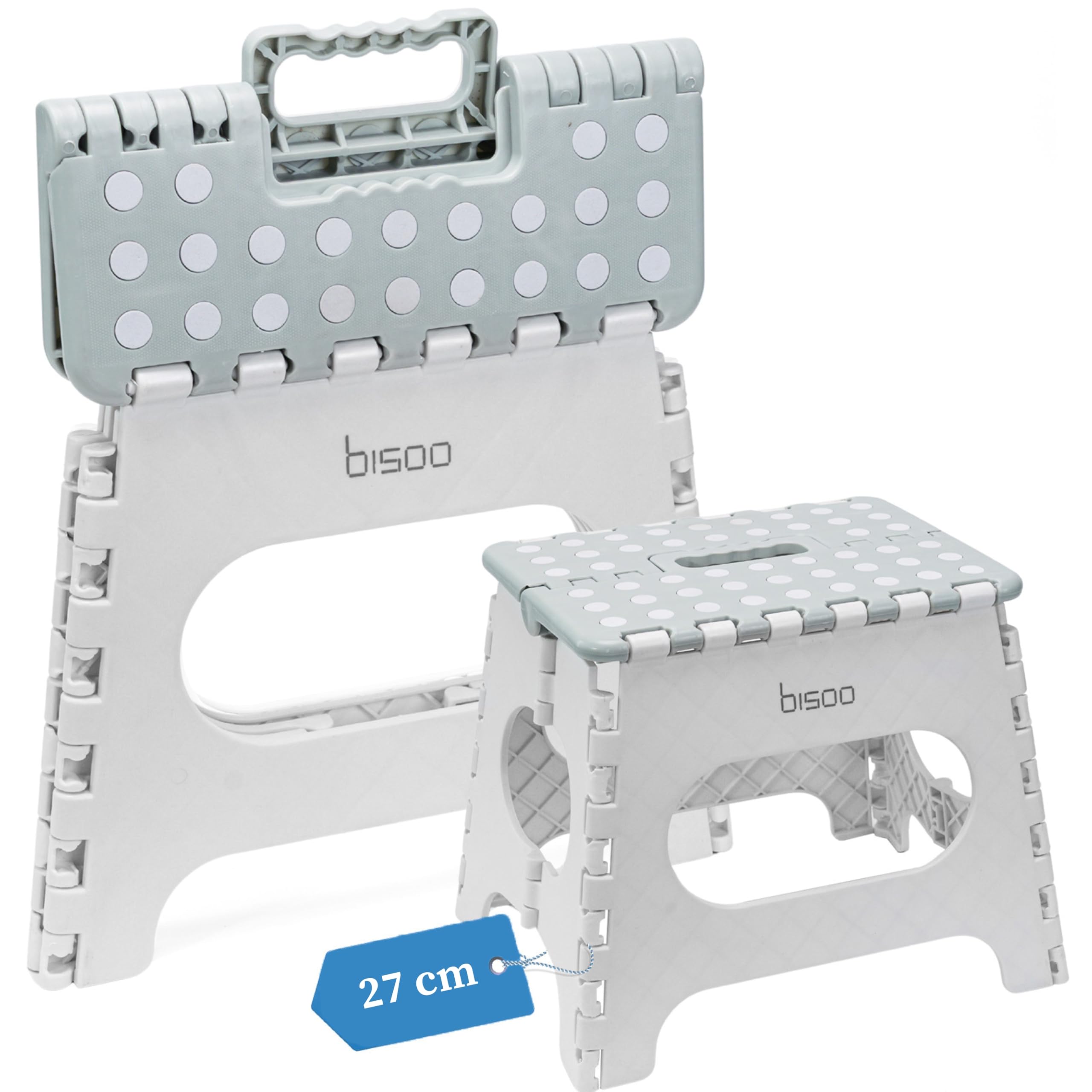 Bisoo Taburete Alto Plegable - 27 cm - Taburetes Altos de Cocina, Baño, Autocaravana - Escalon Infantil Niños - Banqueta Plegable Portatil Antideslizante Segura Práctica - Soporta 150Kg - Gris Salvia