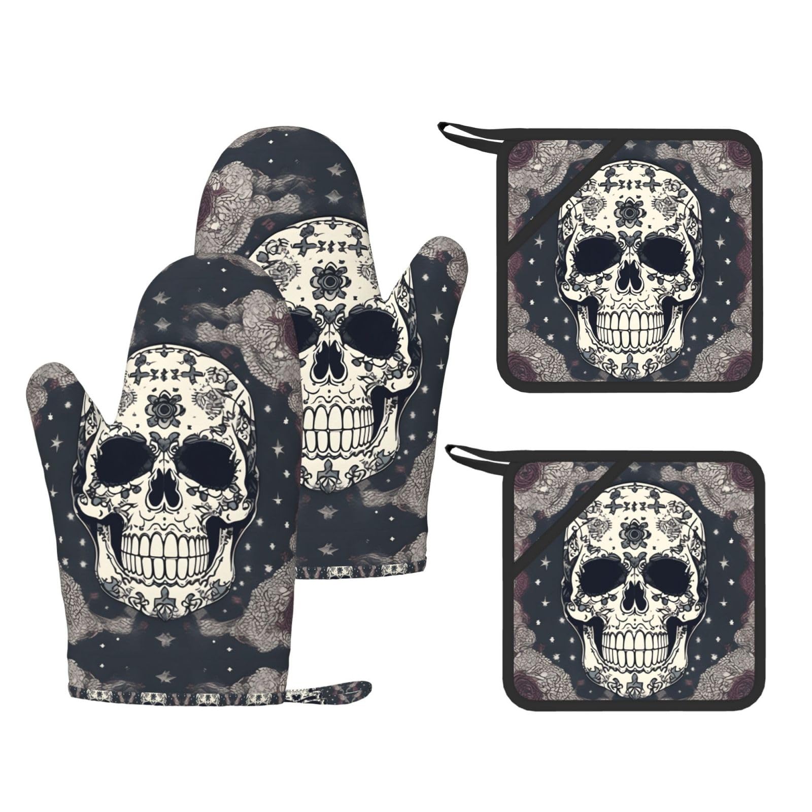 Skull Yoga And Flower Print Kitchen Heat Resistant Set,Cooking Kit With Hanging Loop For Baking & Bbq