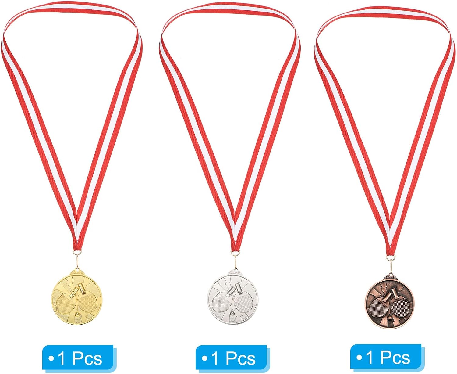 PATIKIL 2.6" Ping Pong Medals, 3 Pack Table Tennis Award Medals Set Gold Silver Bronze Medal with Ribbon Red White for Games Sports Competitions