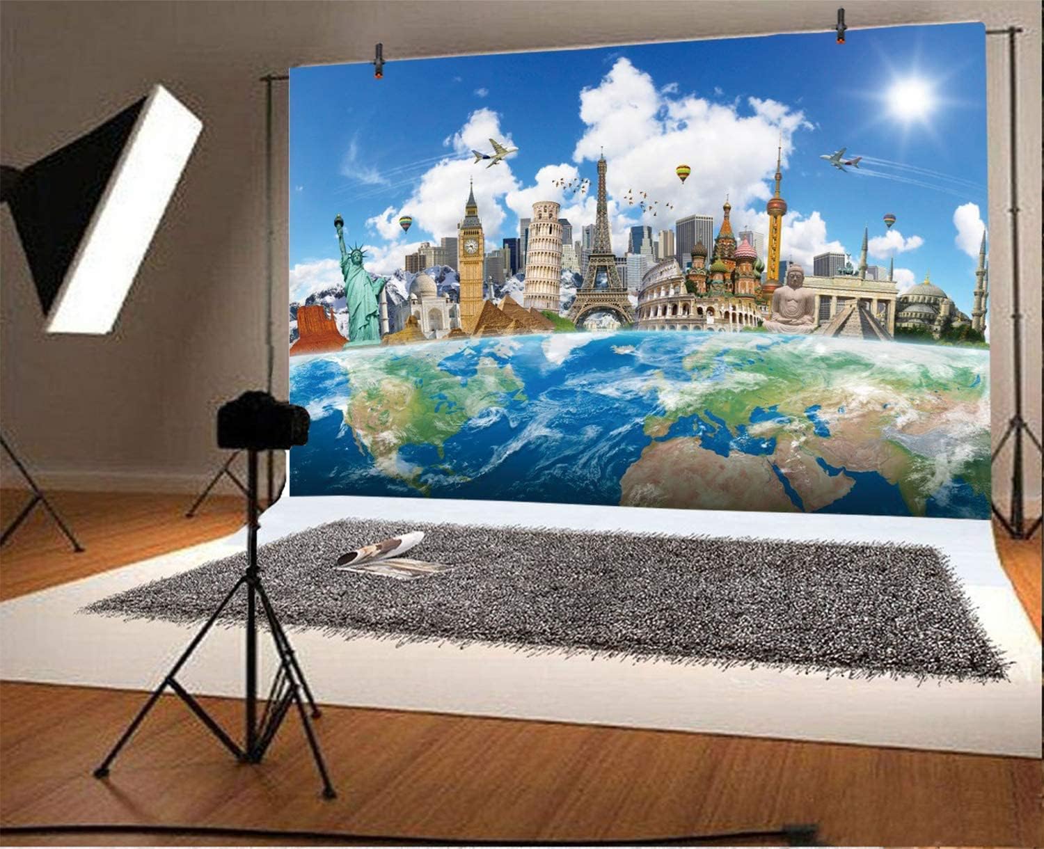 Fotohintergrund Weltkarte 220x150 Cm – Weltberühmte Wahrzeichen, Vinyl, Für Studio, Portraits & Partys