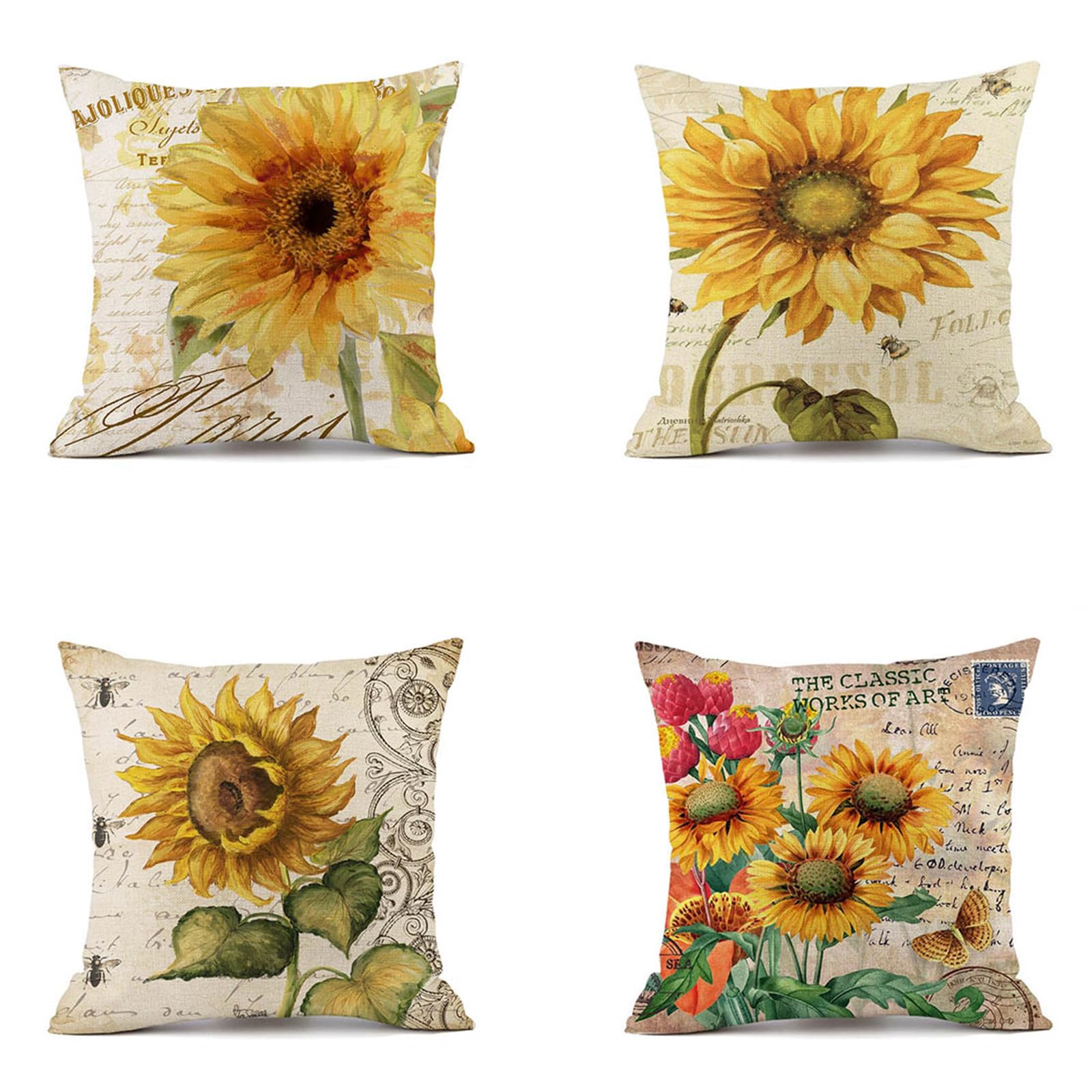 Housse de coussin 50x50 cm lot de 4 en lin motif tournesol double face