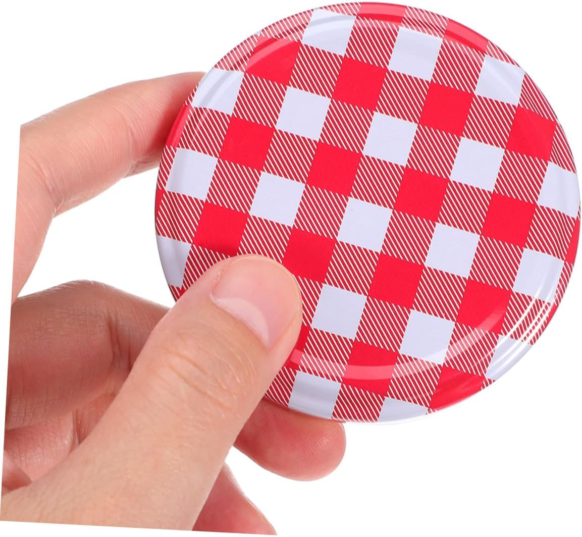 Generic 50pcs Red Checkered Mason Jar Canning Lids Wide Mouth Sealed Jar Covers Replacement Metal Lids for Jam Pickle Honey Food Storage