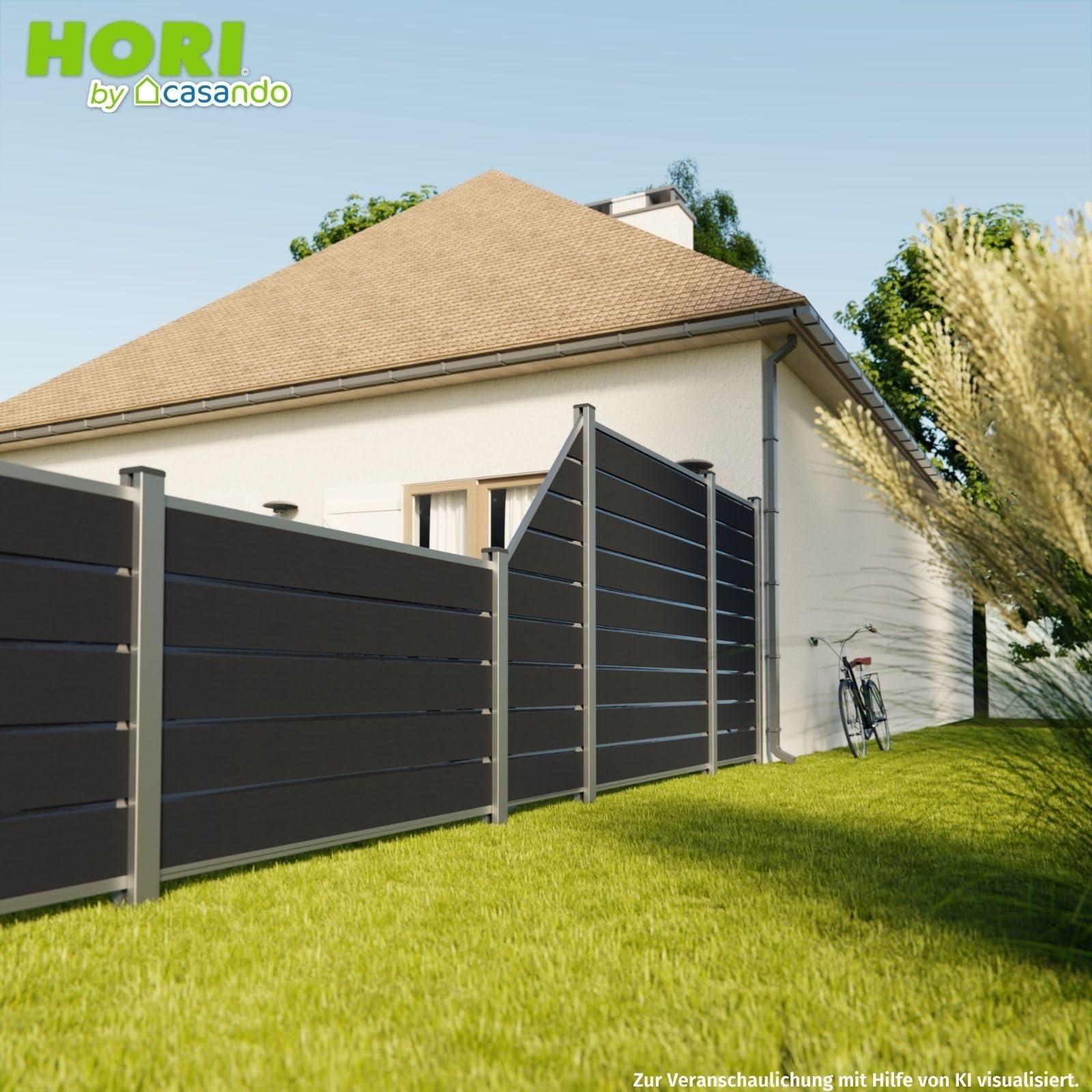 HORI WPC Sichtschutz-Zaun Design Komplettset Stecksystem Robuster Windschutz Modernes Lamellenzaun; Ideal für Garten & Terrasse - Anbauelement Halbhoch - zum Einbetonieren - Anthrazit