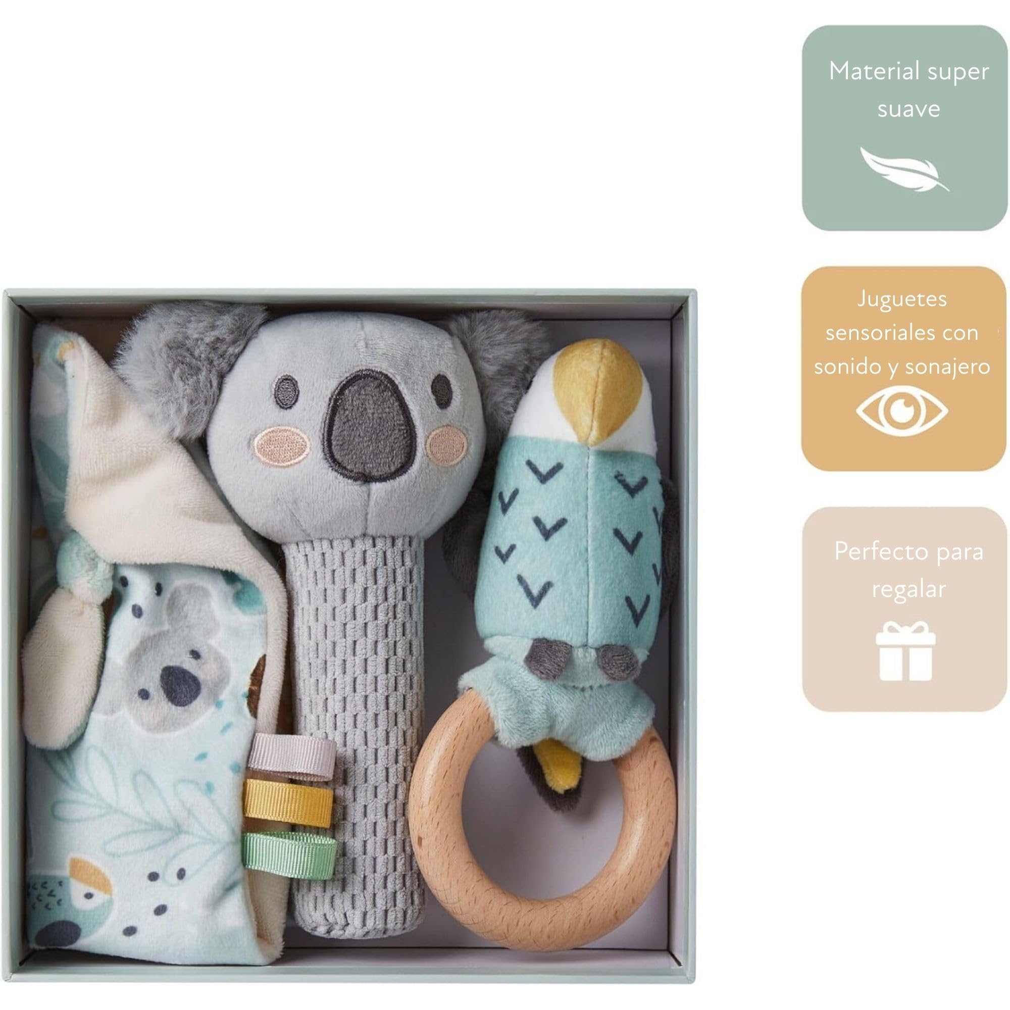 Nuby Juego de regalo para bebé Nuby - Set de Regalo para Bebés Animal Adventures - Set de Recuerdos de 3 Piezas - Peluche, Sonajero y Mordedor - Incluye Empaque de Regalo - Apto desde el Nacimiento