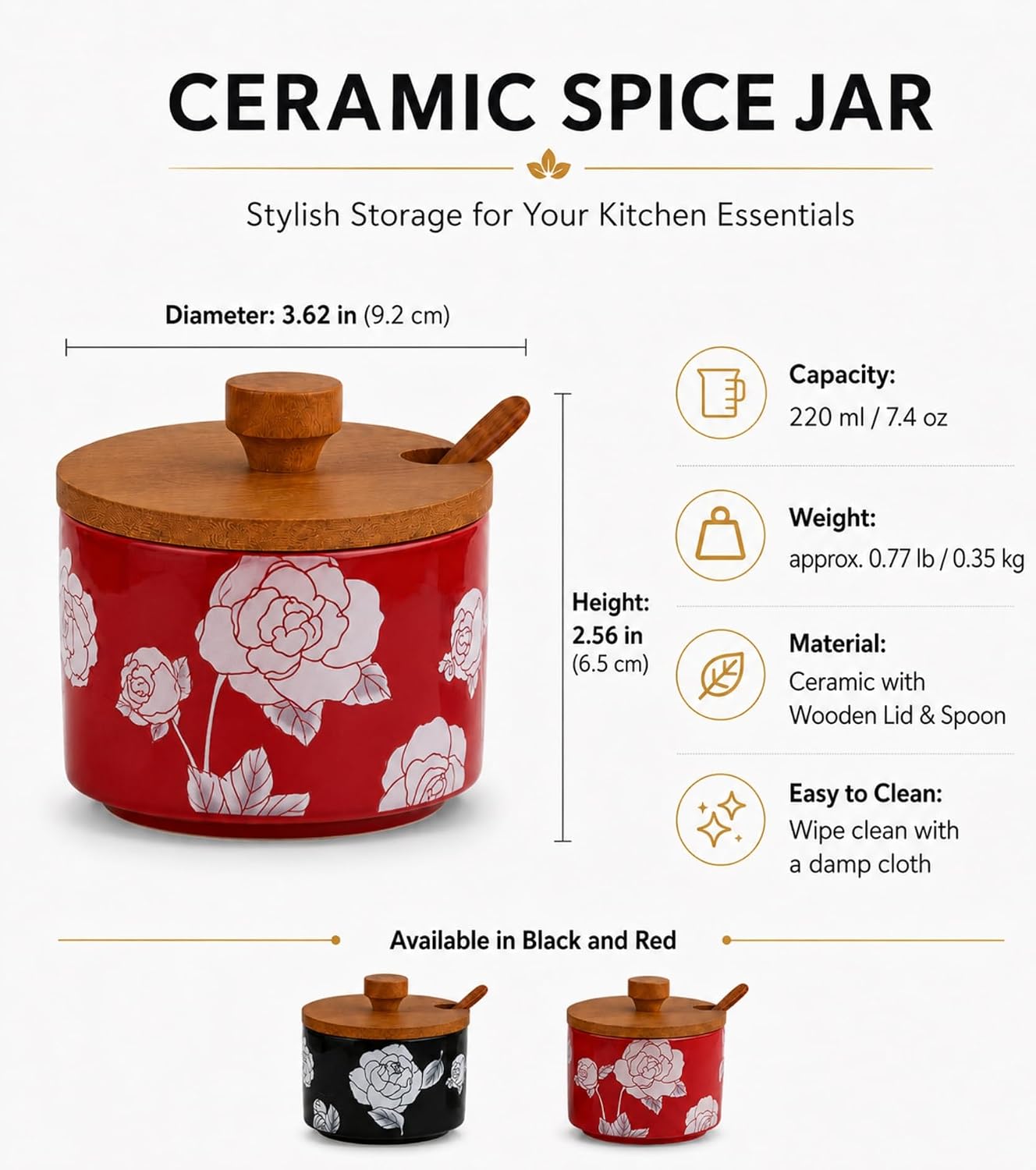 Ceramic Salt Cellar with Lid and Spoon, 7.4 Oz Salt and Pepper Bowl, Floral Spice Cellar with Bamboo Lid, Seasoning Container for Countertop, Salt Sugar Pepper Holder (Red)