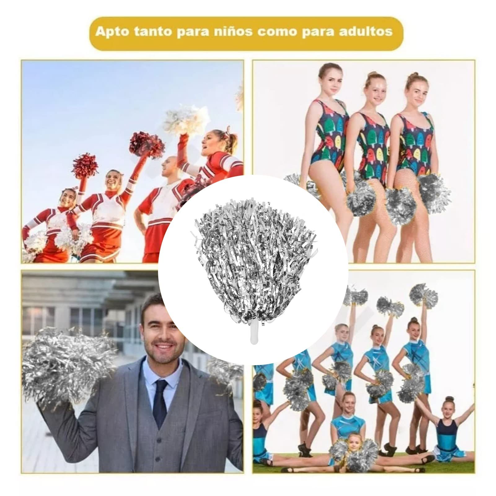 Wisecoco Pompones de Animadora, Lámina Metálica 3,3 Pulgadas con Asas, Plateado
