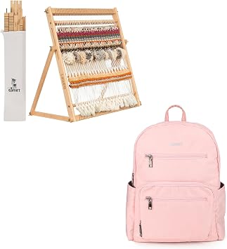 Olikraft Wooden Weaving Loom with Adjustable Stand and Pink Crochet Bag Organizer 18.5" x 14" Weaving Loom for Adults & Kids, Water-Resistant Yarn Storage Bag for Crochet & Knitting Supplies