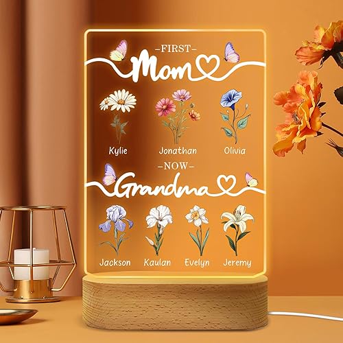 Primera Mamá Ahora Abuela Placa Acrílico Personalizada, Flor del Mes de Nacimiento Regalos Personalizados del Día de la Madre para Mamá de Hija,