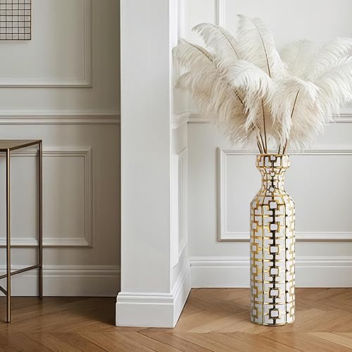 Miniatura 6 de Par de jarrones cilíndricos de cerámica de 24.4 pulgadas de alto con detalles geométricos dorados, florero grande, jarrón decorativo, jarrones