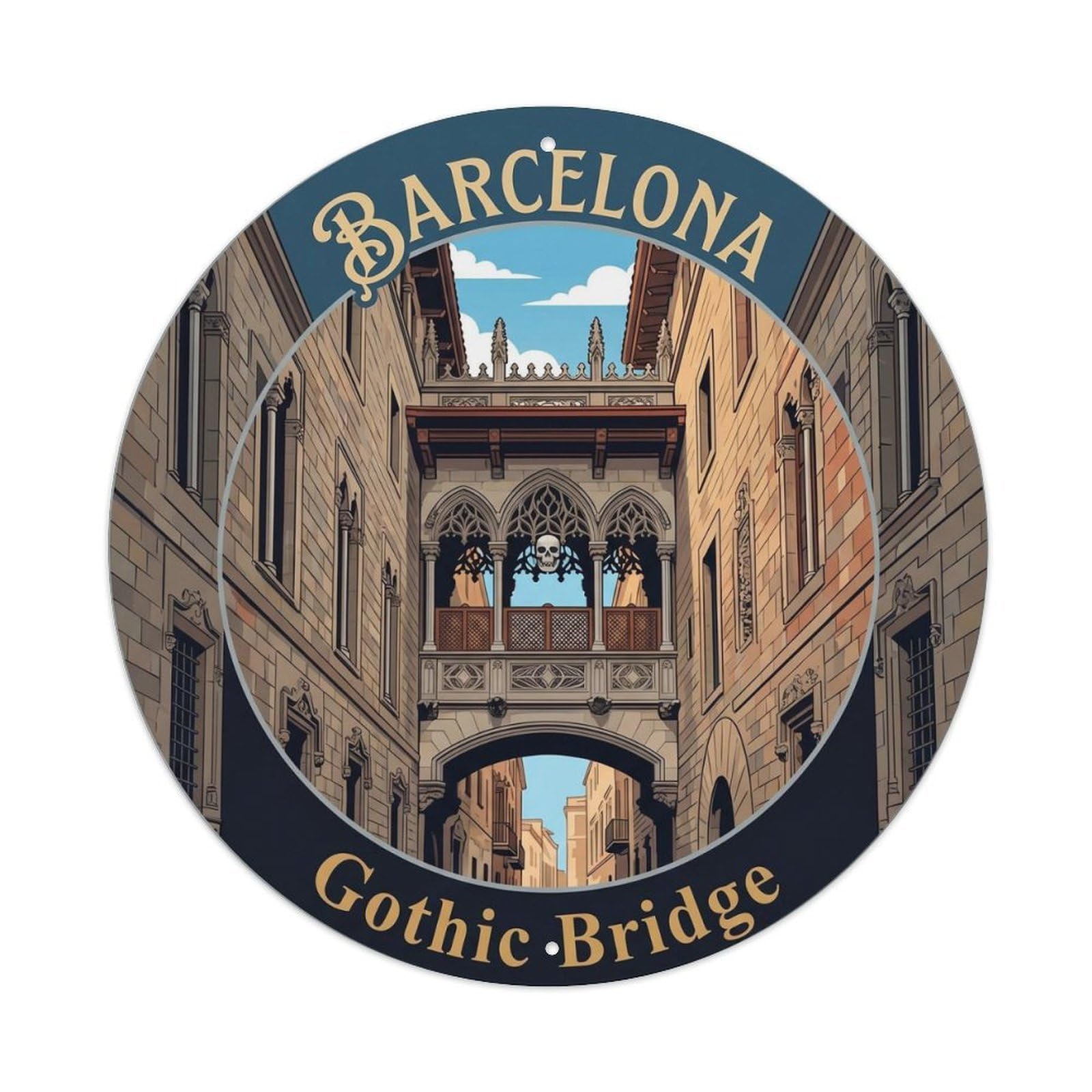 Mediterranean Barcelona Bridge Catalan Landmark Travel Cityscape Metal Tin Sign Plaque Wall Decor for Cafe, Man Cave, Club Bar, Office, Home Garden Round Metal Poster 8x8Inch
