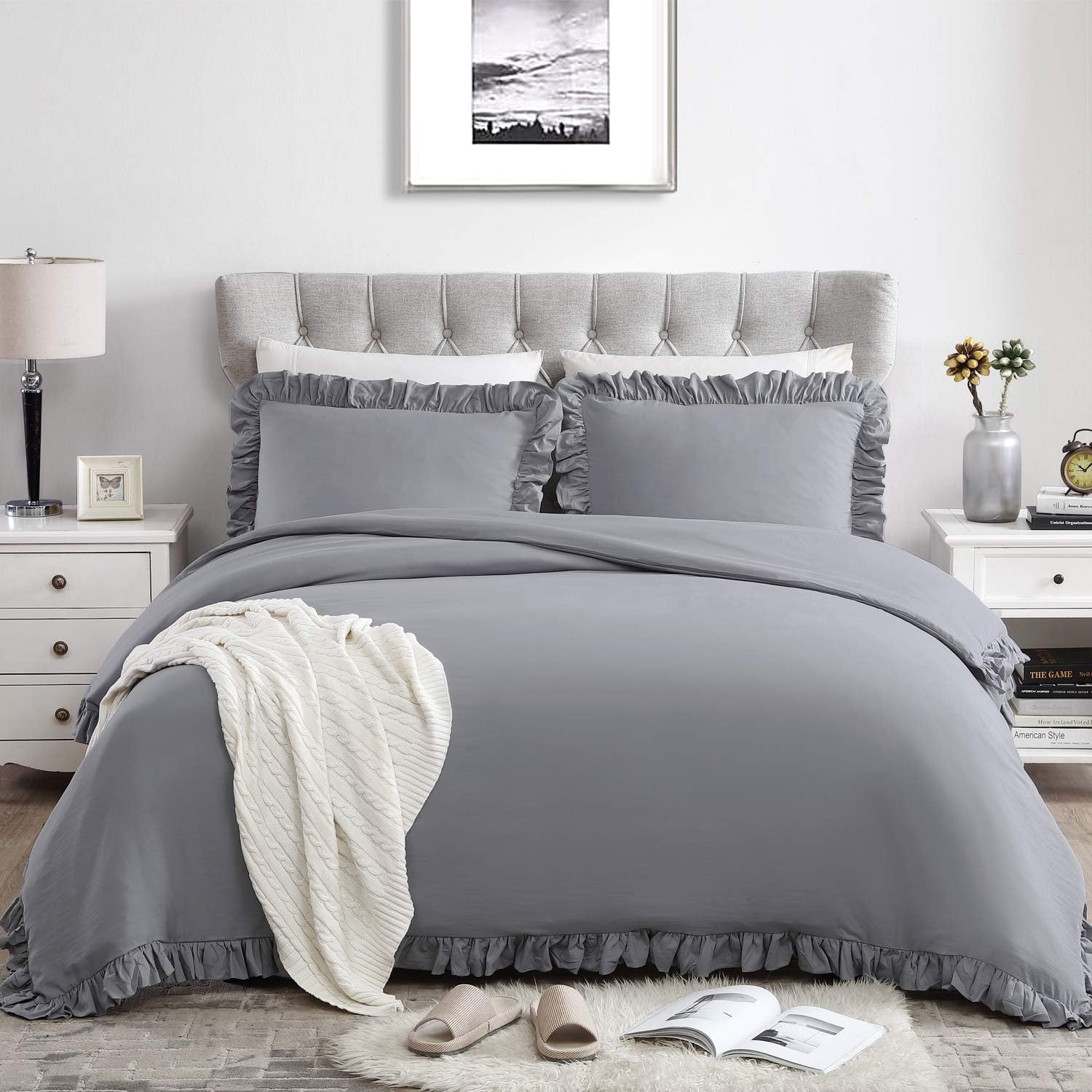 EXQ Home Grey Duvet Cover Set Ruffled Full/Queen Size 3 Pieces, Super Soft Vintage Bedding Down Comforter Cover, Machine Washable Breathable Microfiber Polyester Duvet Cover