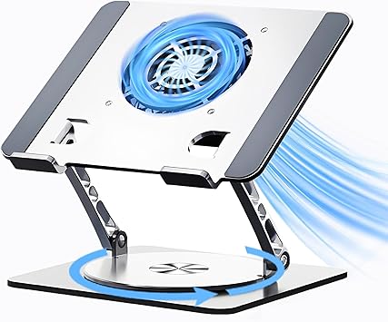 Laptop Stand with Cooling Fan,360Rotatable Framework,Ergonomic Adjustable Riser for 10-17 Gaming/Binge-Watching/Office Use - Silver