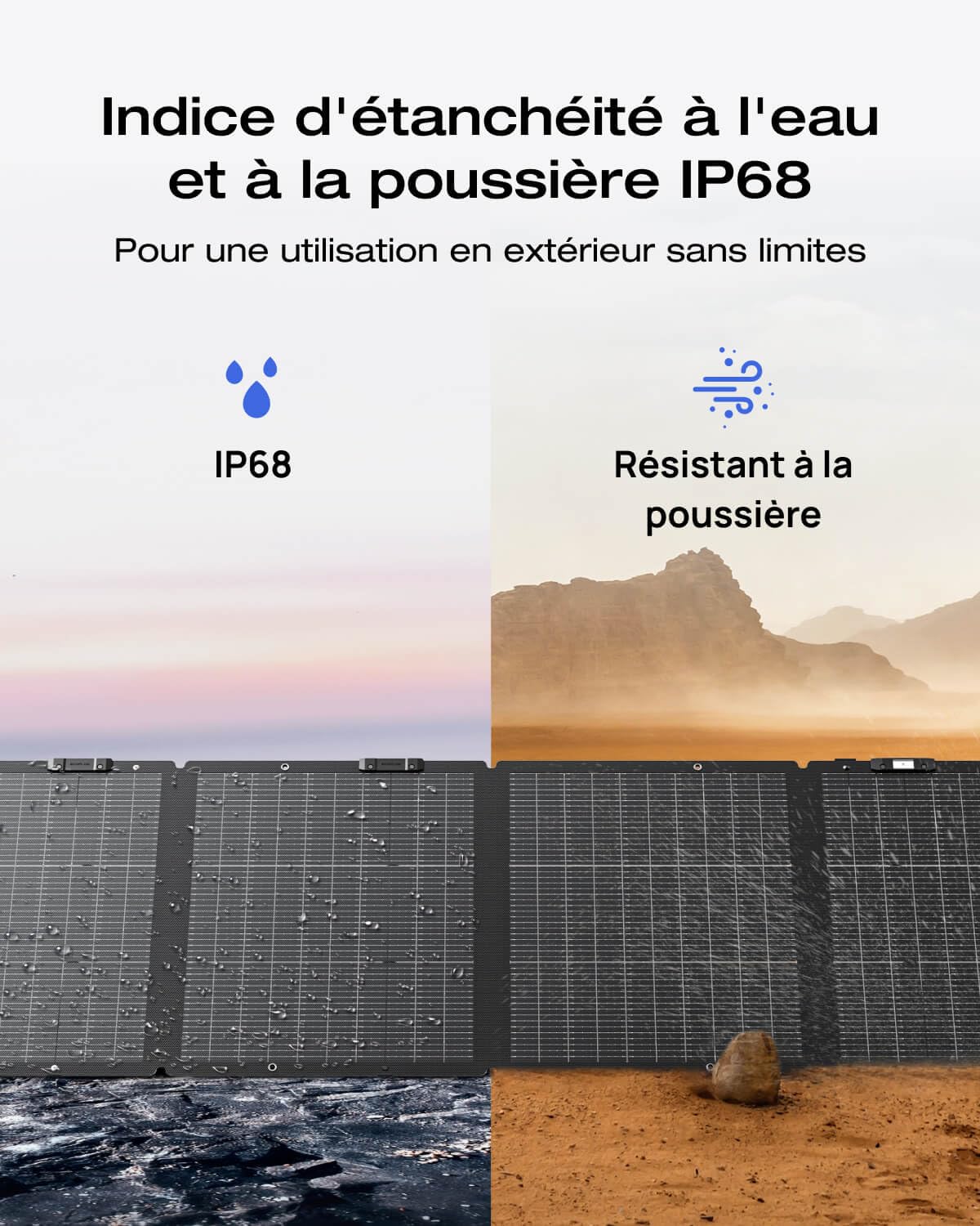 EcoFlow Panneau solaire portable léger 220 W, bifaciale, rendement jusqu'à 25%, cellule solaire de type N, support réglable, câble XT60 intégré, réglage exposition solaire intégré, étanchéité IP68