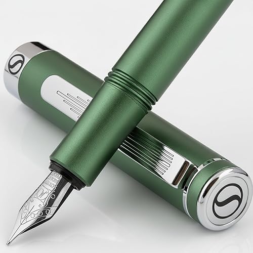 Scriveiner Pluma estilográfica EDC de lujo (mediana), impresionante pluma de bolsillo verde mate, acabado cromado, punta alemana Schmidt,