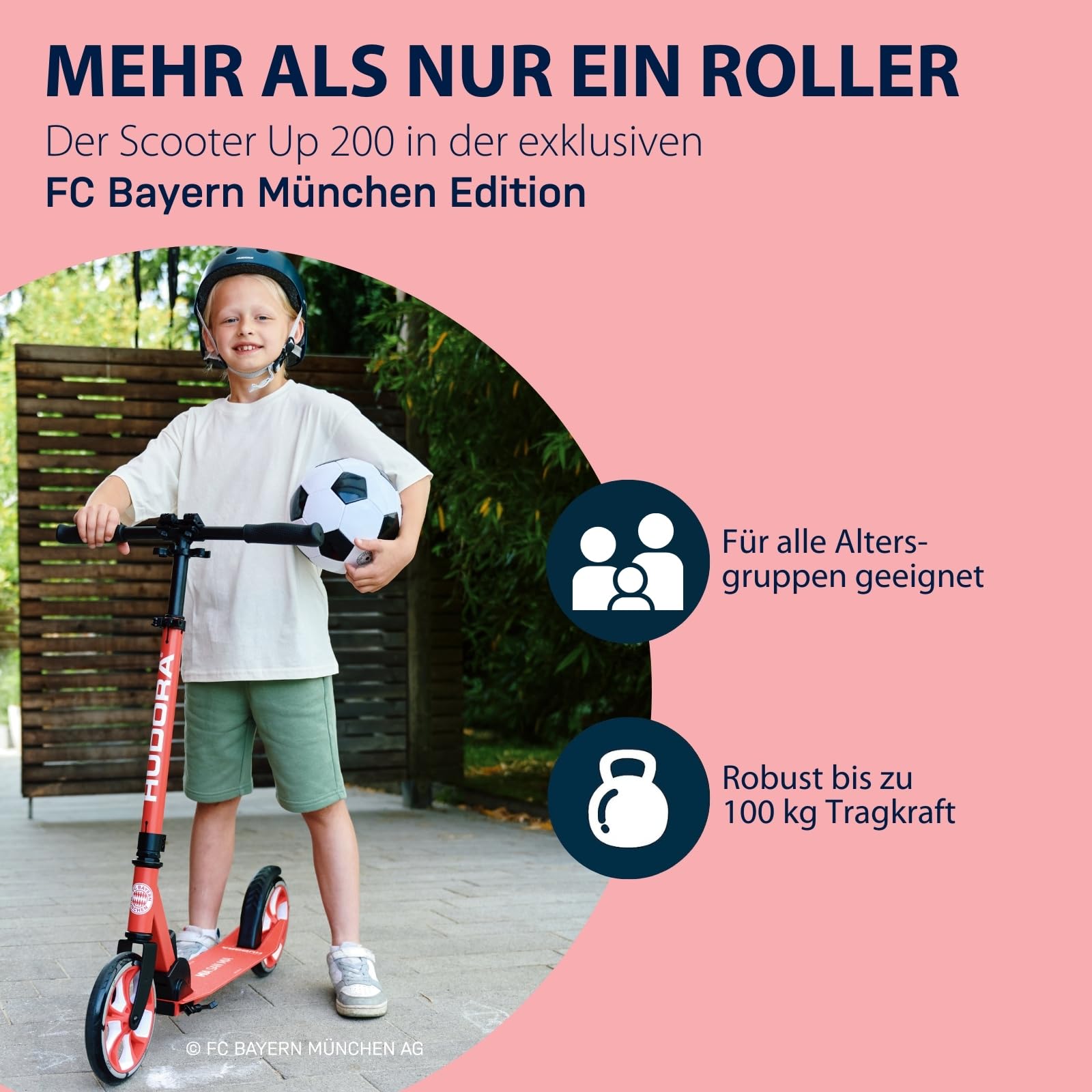 HUDORA Scooter Up 200 - Fanroller FC Bayern München Edition - FCB-Roller für Kinder/Jugendliche & Erwachsene bis zu 100 kg - Höhenverstellbarer FC Bayern Tretroller - Zusammenklappbarer Kick-Scooter