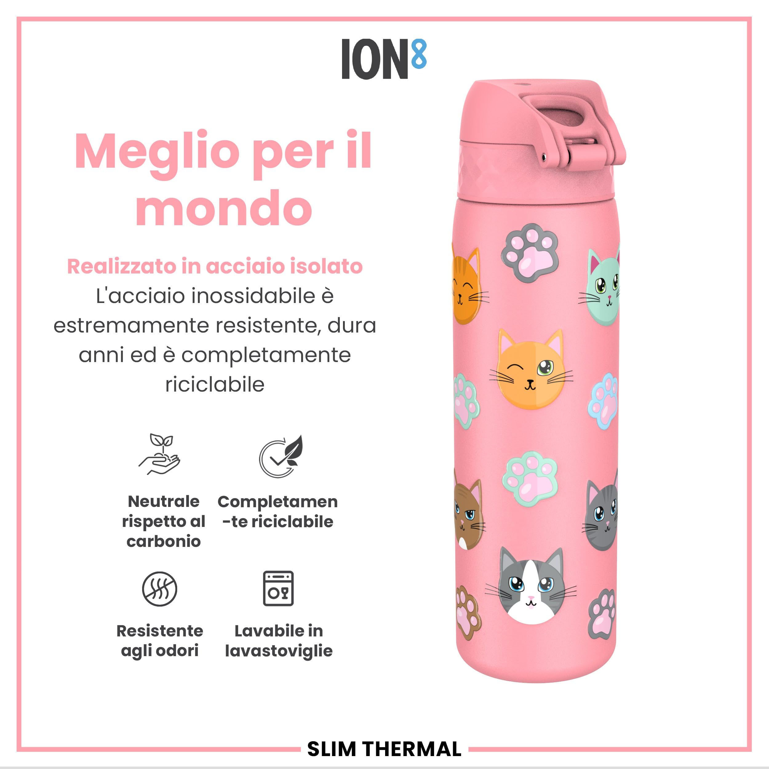 Ion8 Borraccia Termica in Acciaio Isolato, 500ml, a Prova di Perdite, Facile da Aprire, Serratura Sicura, Lavabile in Lavastoviglie, Maniglia per il Trasporto, Facile Pulizia, Durevole,Gatti
