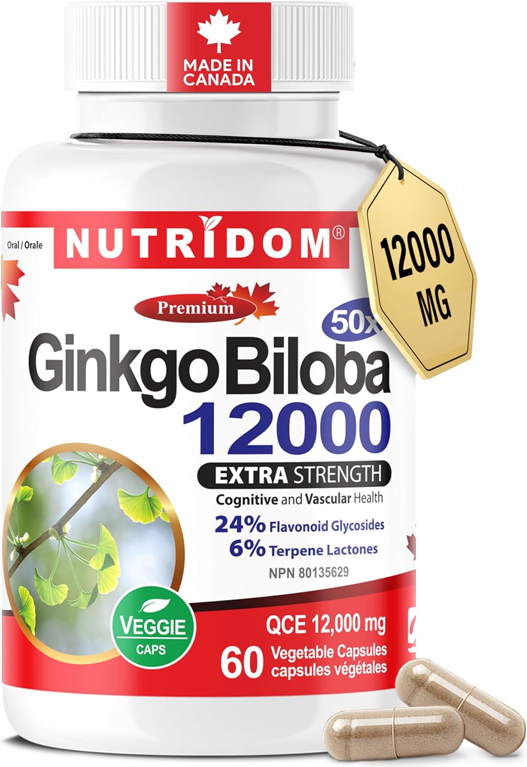Nutridom Ginkgo Biloba 12000 mg – Extra Strength 24% Flavonoid, 6% Terpene – Memory, Focus & Circulation Support – Non-GMO, Vegan, 60 Capsules (60 Day Supply)