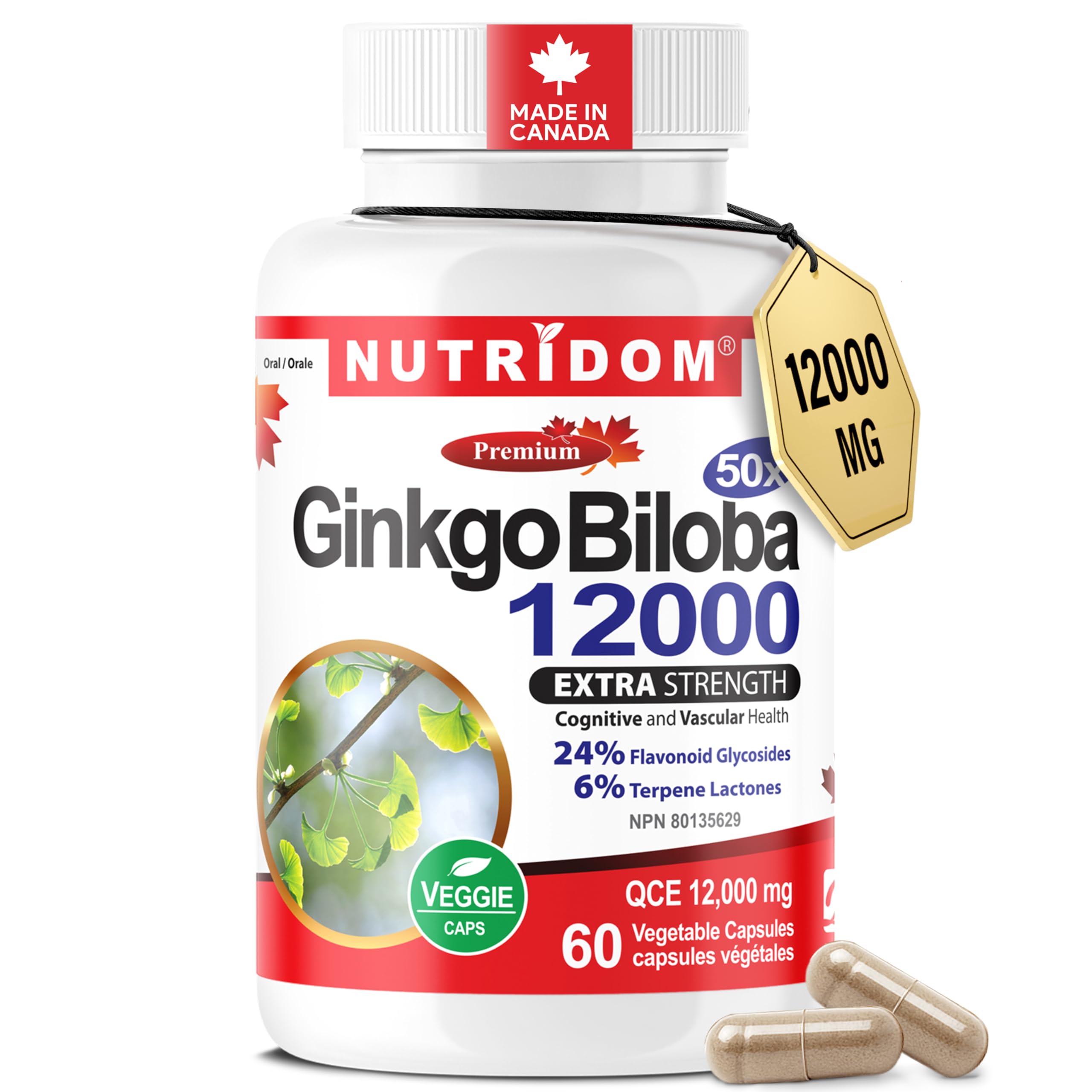Nutridom Ginkgo Biloba 12000 mg – Extra Strength 24% Flavonoid, 6