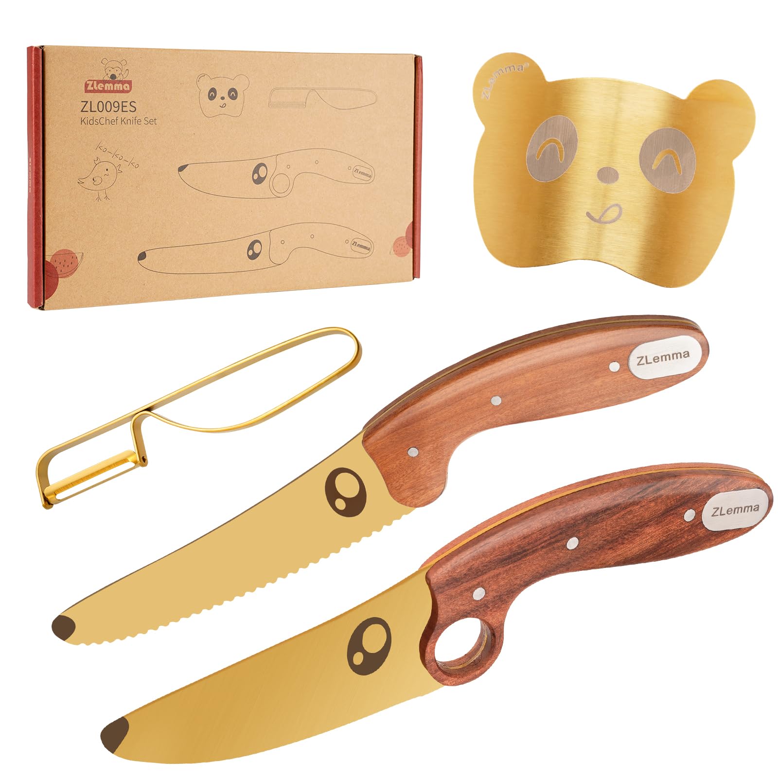 Kindermesserset zum richtigen Kochen mit goldenem Schäler und pädagogischem Kinderkochmesser - 4-teiliges Set