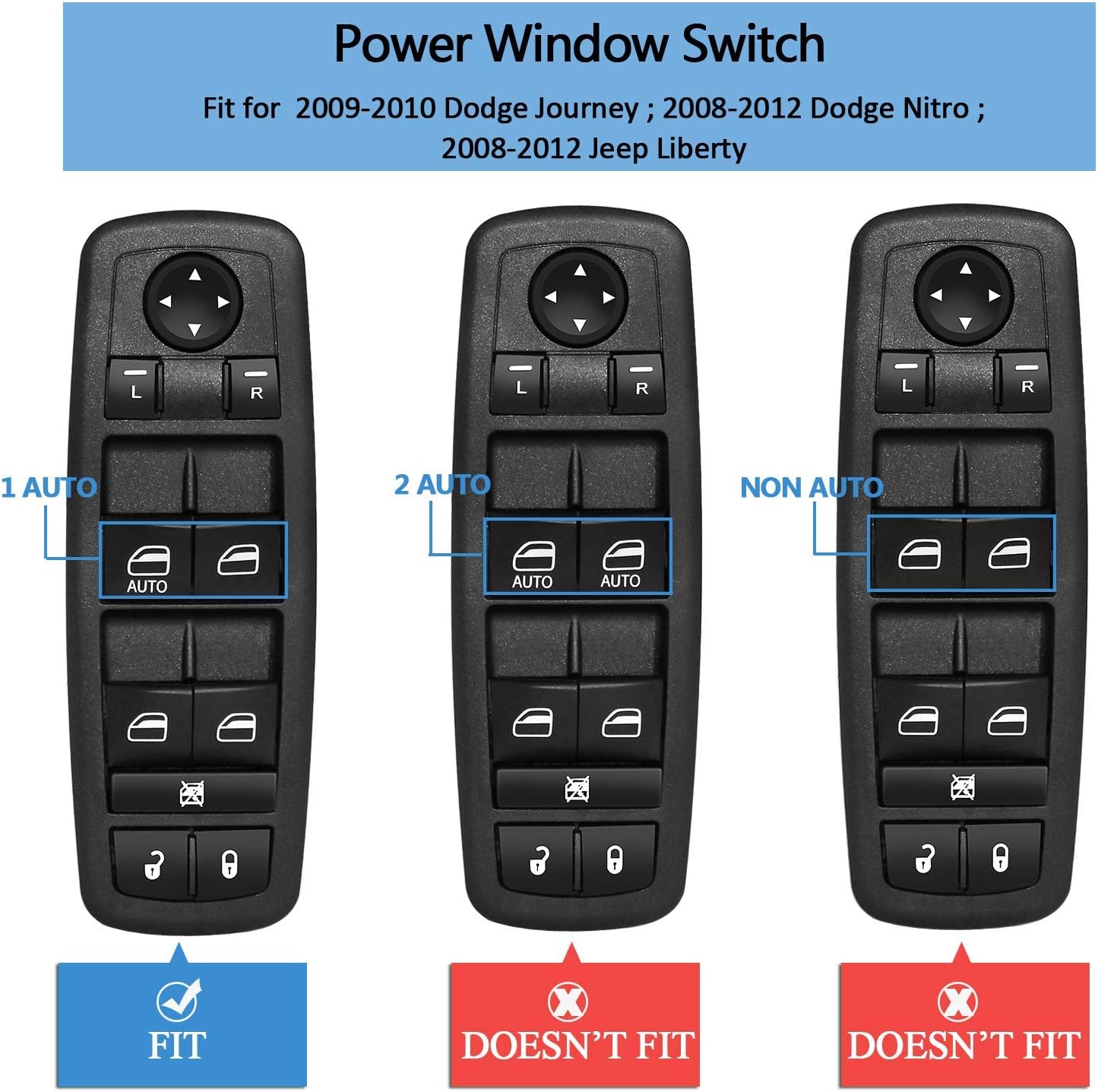 Front Driver Side Master Power Window Switch Door Lock Main Control Button Automotive Interior Trim Compatible with 2008-2012 Dodge Journey & Nitro, Jeep Liberty, RAM 1500/2500/3500 Replace 4602632AG