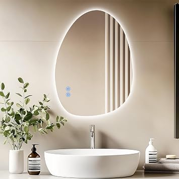 Bathroom Mirror, 60X45 cm Asymmetrical Led Bathroom Mirrors With Touch Switch, 3 Colors Dimmable Light, Anti-Fog, Wall Mounted Smart Frameless Mirror, IP54