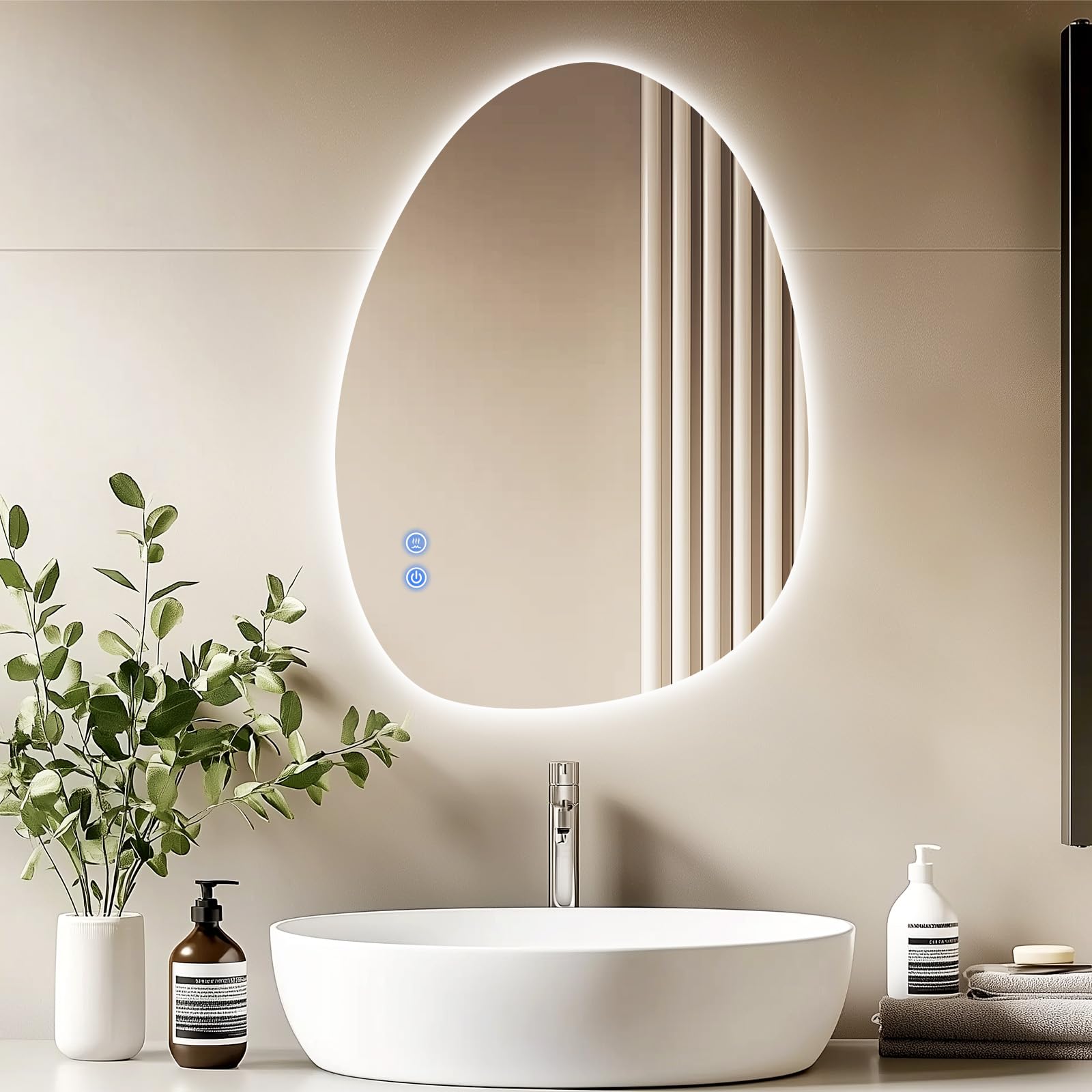 CROWNSHOP Bathroom Mirror with LED Lights (60X45cm) - Smart Wall Mounted Asymmetrical LED Bathroom Mirror with Anti-Fog & 3 Colour Temperatures | Dimmable Touch Control | IP54 Waterproof
