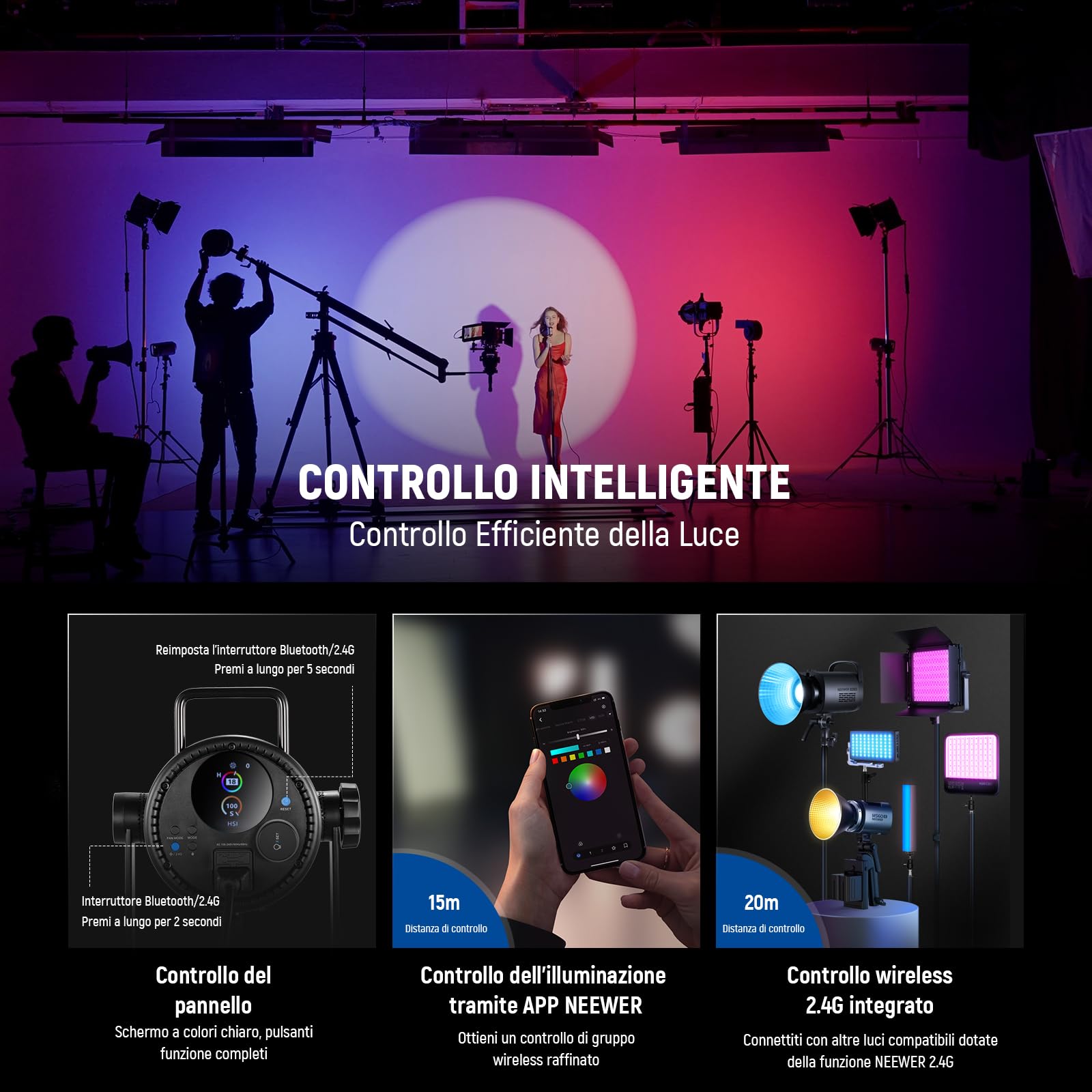 NEEWER CB 300C Luce Video LED RGB 300W+Riflettore, Controllo APP/2.4G, 17 Scene, 29600Lux/1m 2500-7500K CRI97+/TLCI97+, Spettro Completo, Illuminazione COB Continua Bowens Regolabile per Video Studio