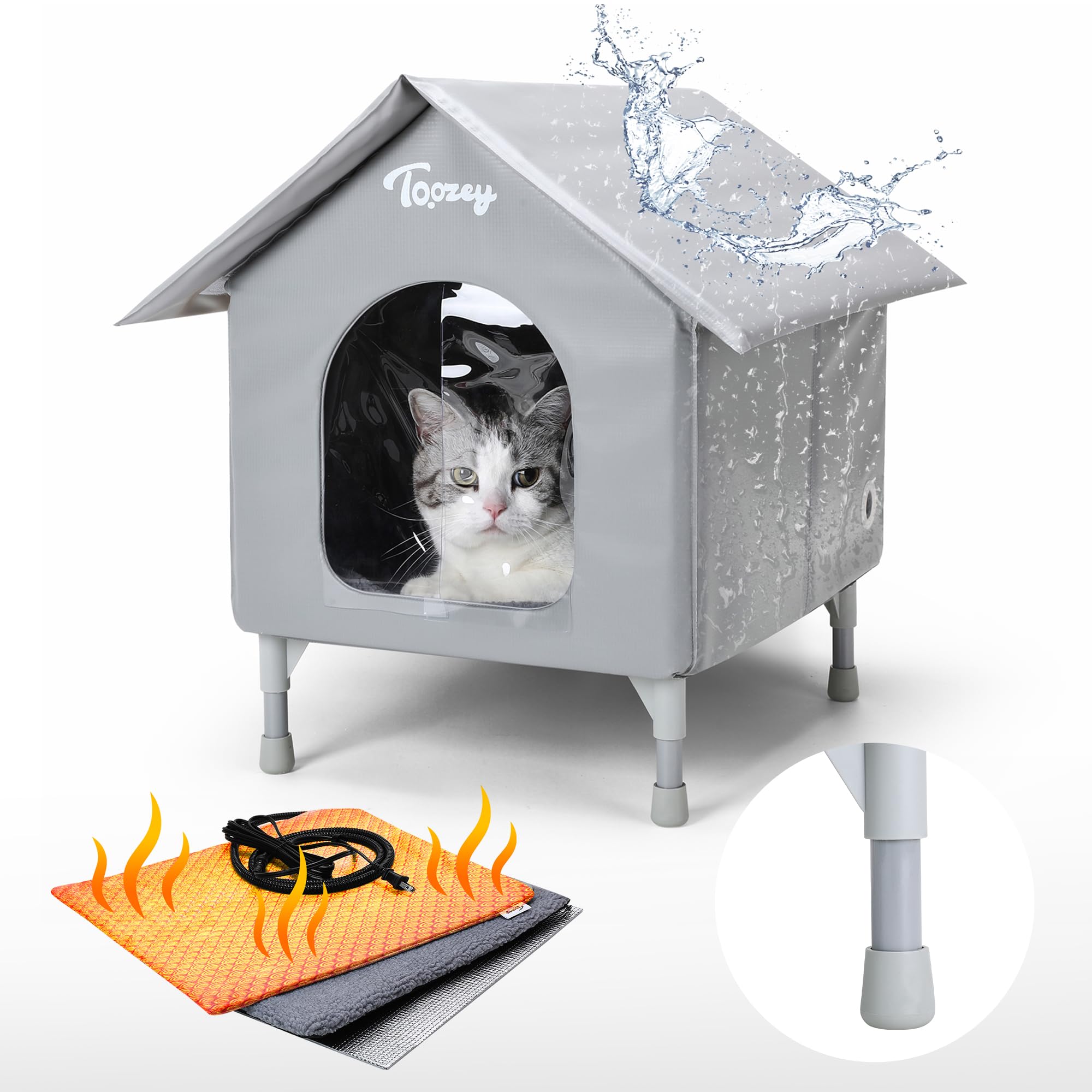 Toozey Outdoor Cat House, Waterproof Cat Shelter Extra with Heating Pad for Stray/Barn Cats, Elevated Feral Cats House with Inside Insulated Aluminum