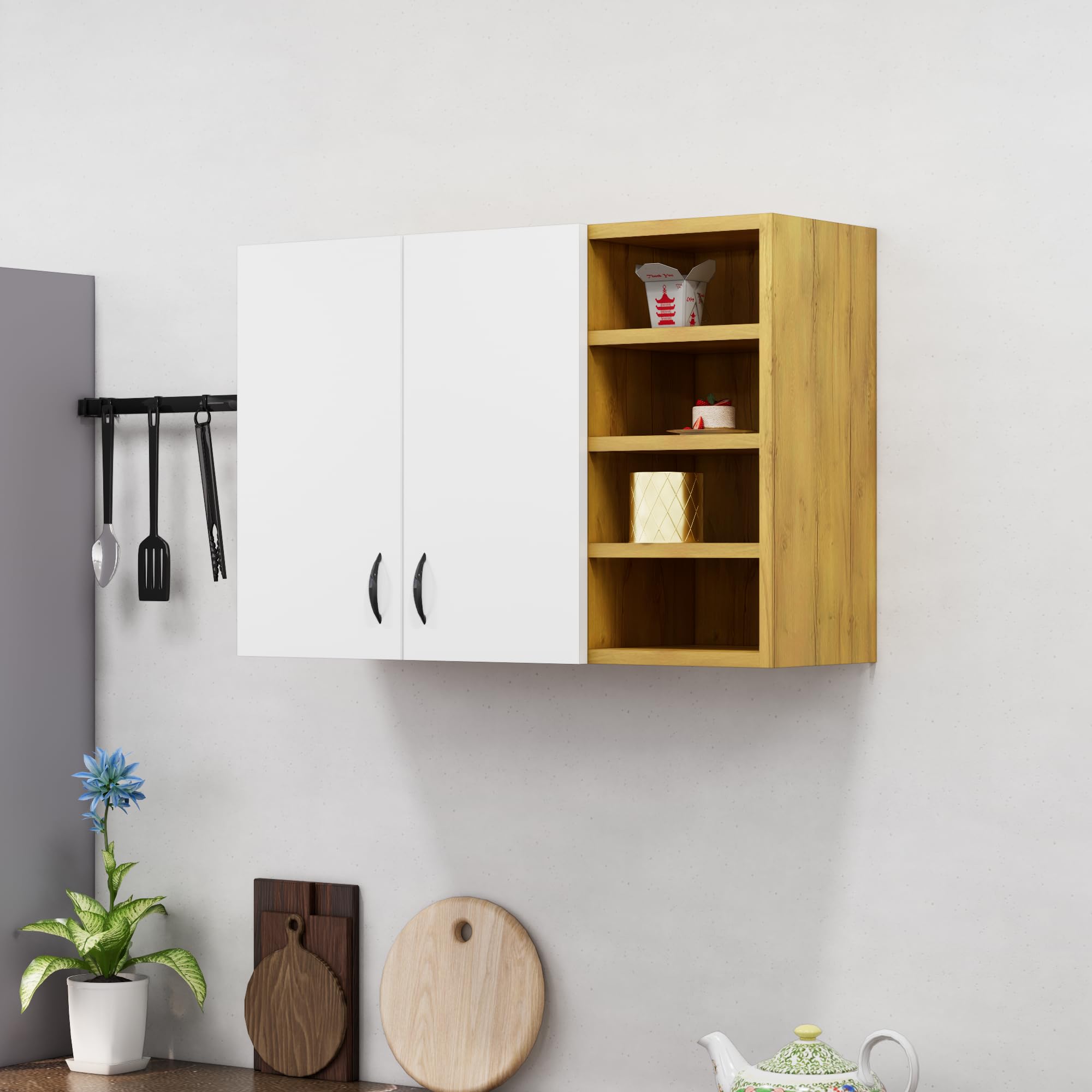 Bniture Engineered Wood Wall-Mount Kitchen Cabinet | Modular Kitchen Storage Cabinet with Shelves & 2 Doors with Open Box | Space-Saving Wall Cabinet for Kitchen (Giant Wood & Frosty White) discount deal