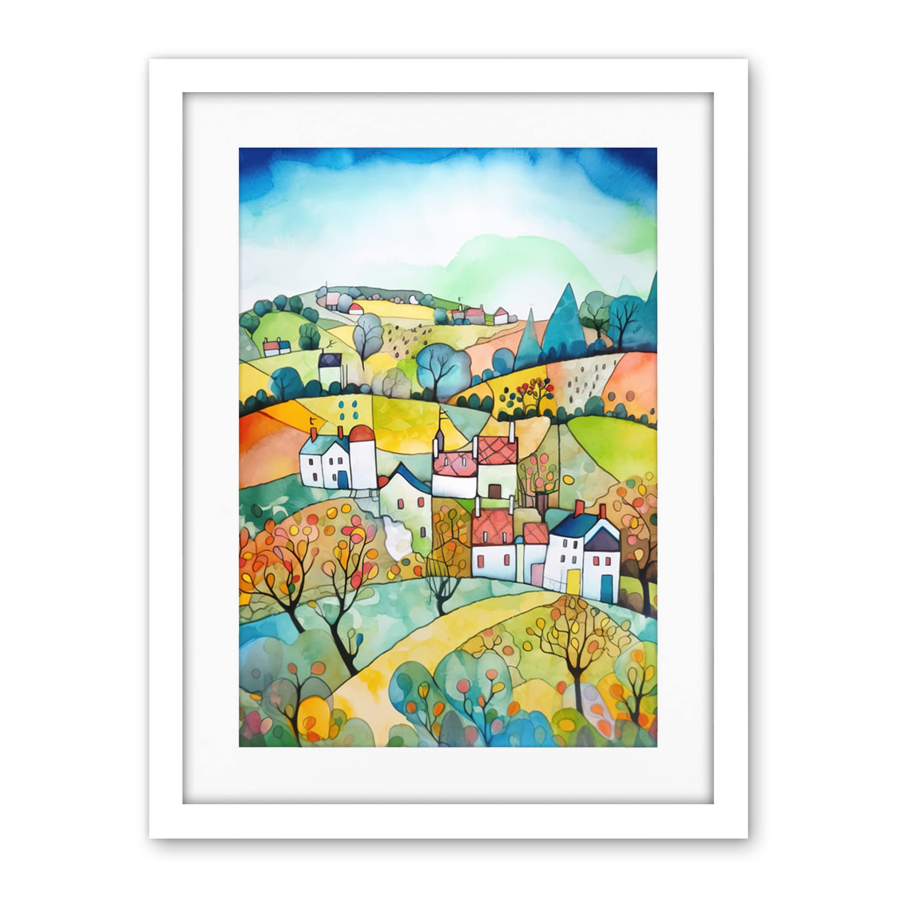 Artery8 English Country Rural Landscape Folk Art Watercolour Painting Artwork Framed Wall Art Print 18X24 Inch