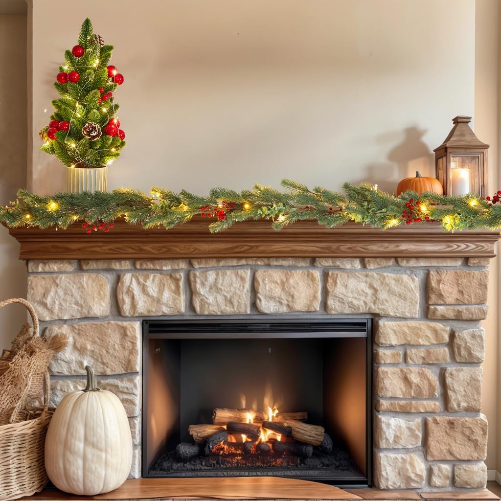 Christmas Garland Artificial Pine Decoration - 2 Pack Fake Green Cedar Garland Realistic Christmas Norfolk with Berry for Winter Holiday Mantle Fireplace Table Wall Window