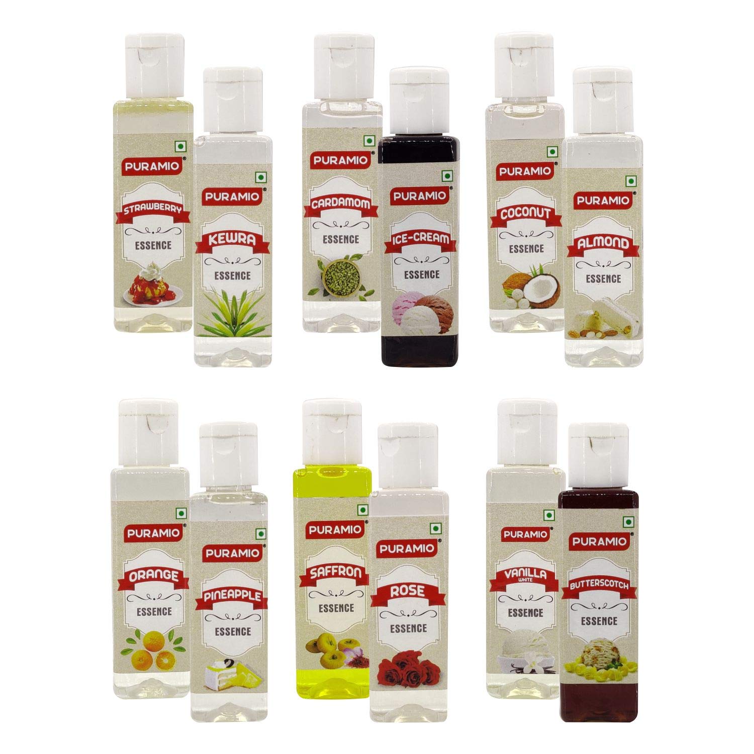 Puramio Culinary Liquid Food Essence 50ml Each (Pack of 12) - Vanilla White, Pineapple, Rose, Orange, Saffron, Cardamom, Butterscotch, KEWRA, Strawberry, Almond, Coconut, ICE Cream