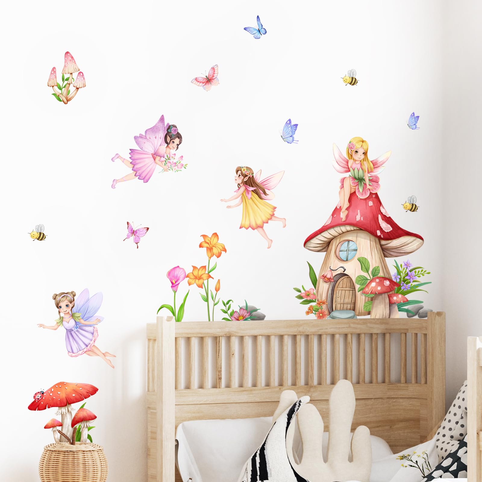 Supzone Mushroom House Fairy Wall Stickers Elf Flowers Butterflies Wall Decals Peel and Stick Vinyl Wall Art Decor for Baby Teenager Girls Baby Nursery Bathroom Playroom Bedroom Living Room - Image 4