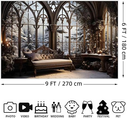 Miniatura 2 de MOONDECO Telón de fondo de fotografía de 9 x 6 pies, decoración de nieve, invierno, sala de estar, ventana, fiesta, fondo, velas, Navidad,