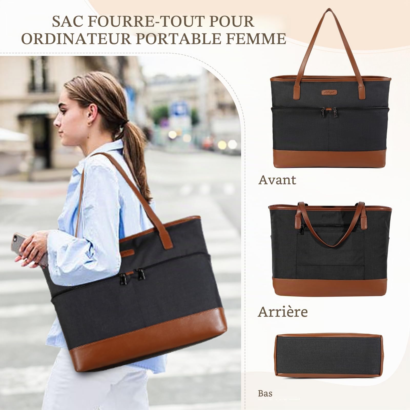 Sac Cabas Femme, Grand 15,6 Pouces Sac Ordinateur Femme Poches Multiples Imperméable Set de Sac Fourre Tout Sac de Cours Lycee avec Pochette pour Travail Affaire Voyage