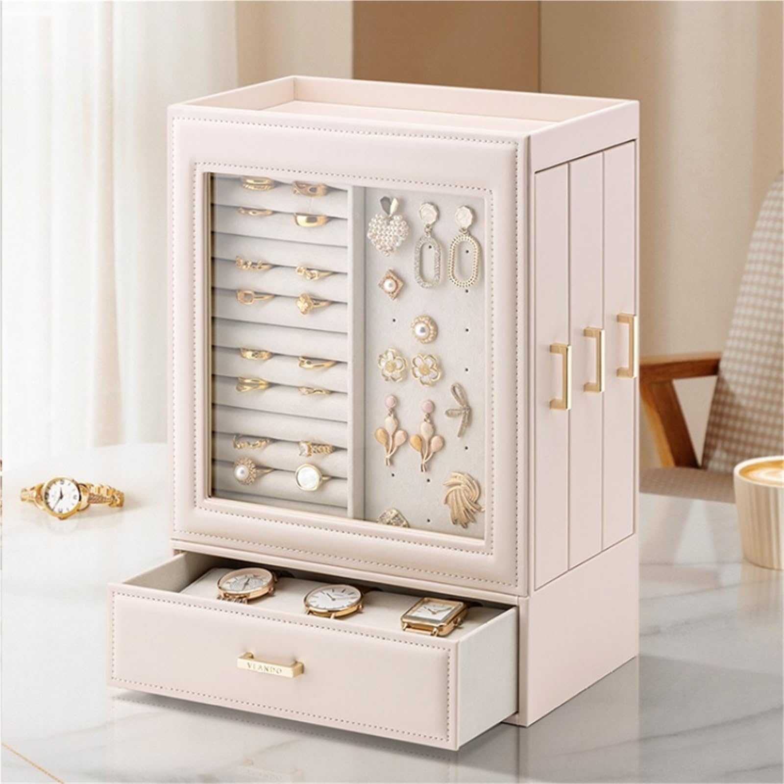 Organizer in pelle con cassetti grandi verticali per donne display multifunzione