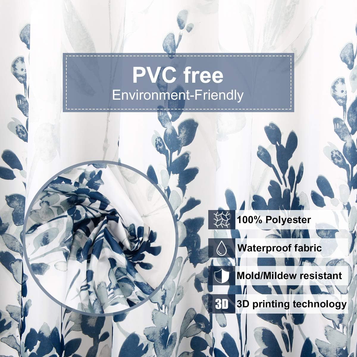 homewards Polyester Blue Floral Design Shower Curtain with 12 Hooks, Standard, 6ft x 6.5ft (180cm x 198cm) Set of 1 4