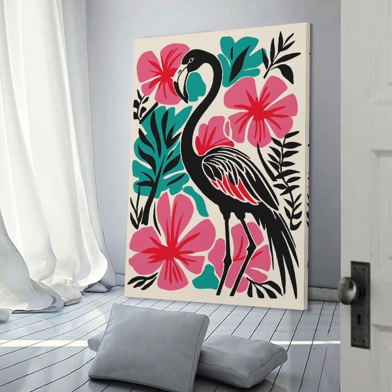 Junmoney Decorative Canvas Print Stylized Flamingo with Tropical Floral Background, 20x30inch(50x75cm), for Office, Study Or Home Workspace, Decorative Artwork for Productive Spaces