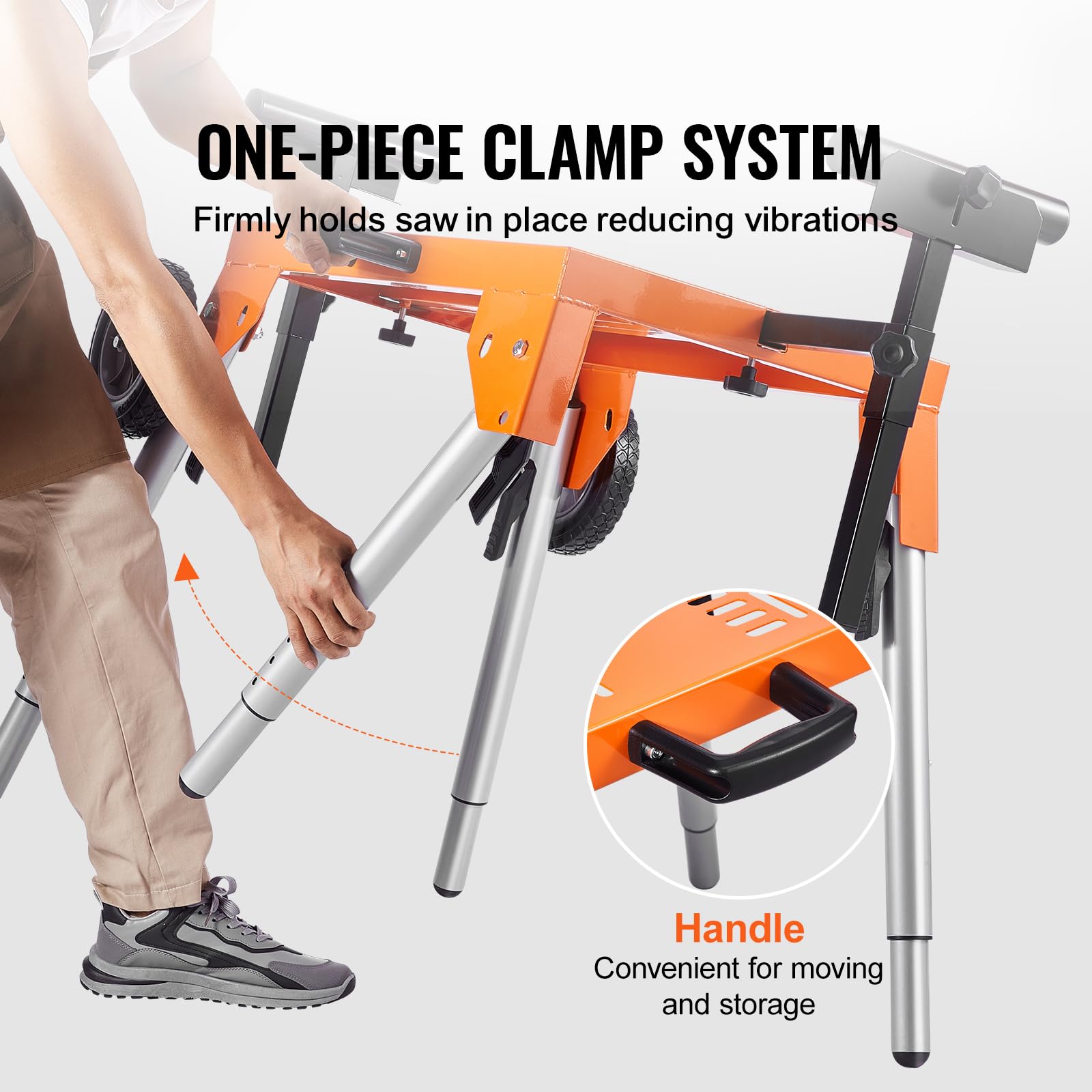 VEVOR Supporto per Troncatrice con Piano Tavolo e Ruote, Capacità di Carico 150 kg, Supporto Pieghevole in Acciaio per Troncatrici, Altezza e Lunghezza Regolabili, Supporto per Troncatrice Portatile